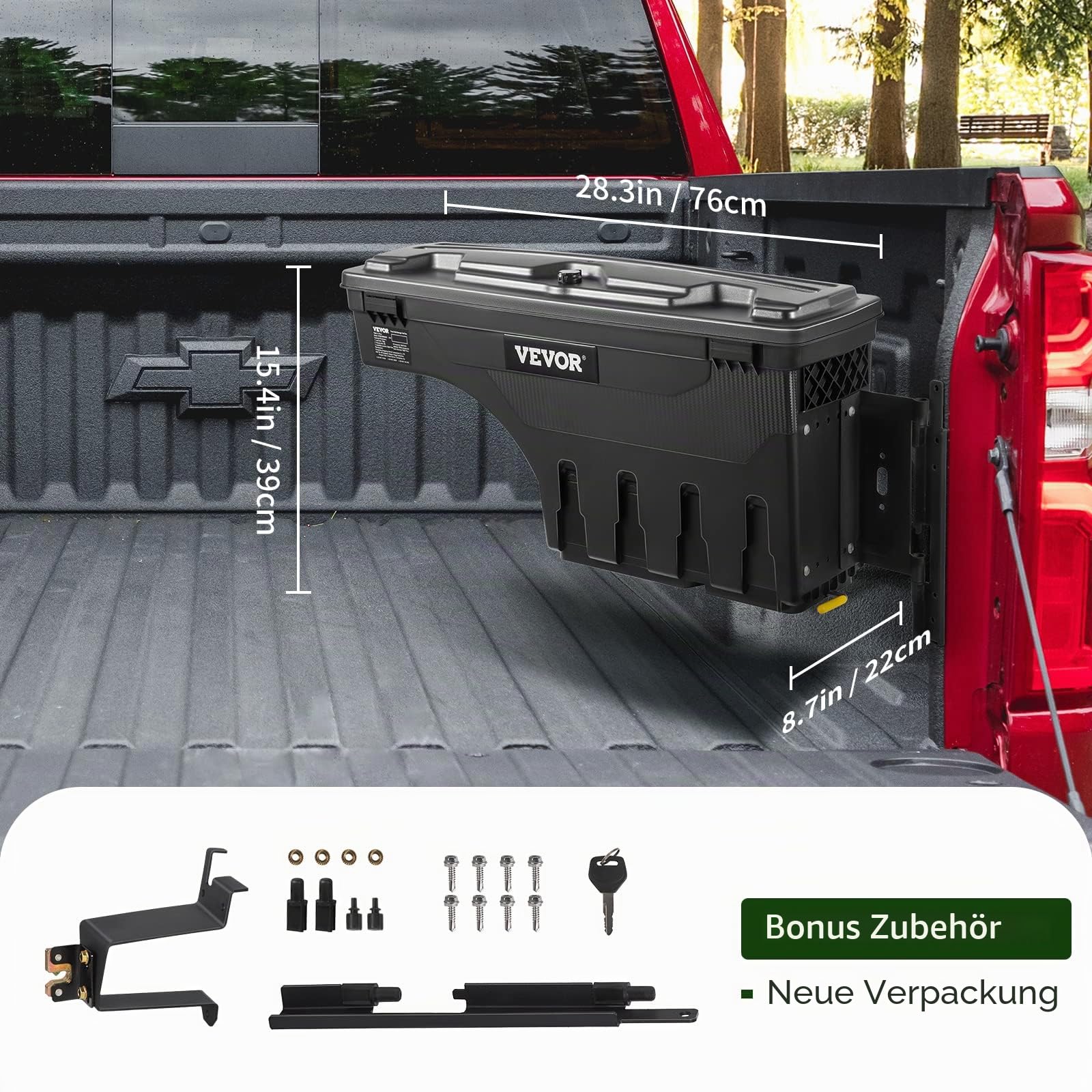 VEVOR Truck Bed Storage Box, abschließbarer Deckel, Wasserdicht ABS Radkasten Werkzeugkasten 25 L, Kompatibel mit Chevrolet Silverado 1500 GMC Sierra 1500 2019-2020, Beifahrerseite, Schwarz