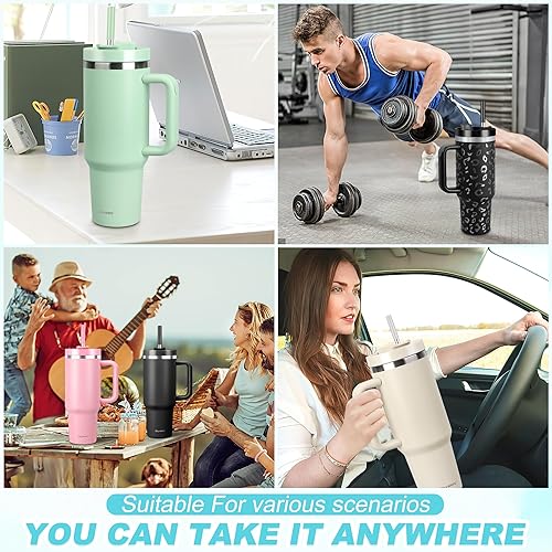 Miniatura 6 de Vaso de 40 onzas con asa y pajilla, 2 tapas (2 en 1 y tapa a prueba de fugas)  Botella de agua de doble pared aislada al vacío de acero inoxidable