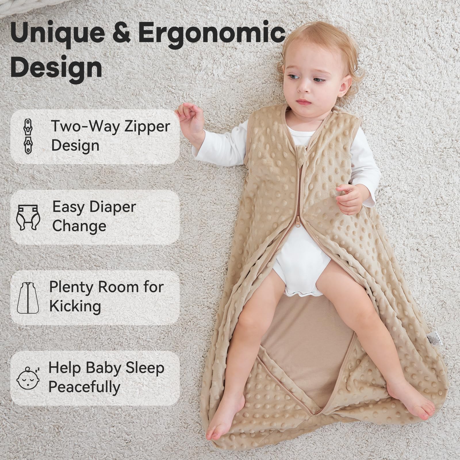 Unnivoll Baby Sleeping Bag 1.5 Tog with Plush Dots Sleep Bag 2 Pack Baby Sleep Sack Wearable Blanket for Newborn Infant 6-12 Months Coffee — view 4