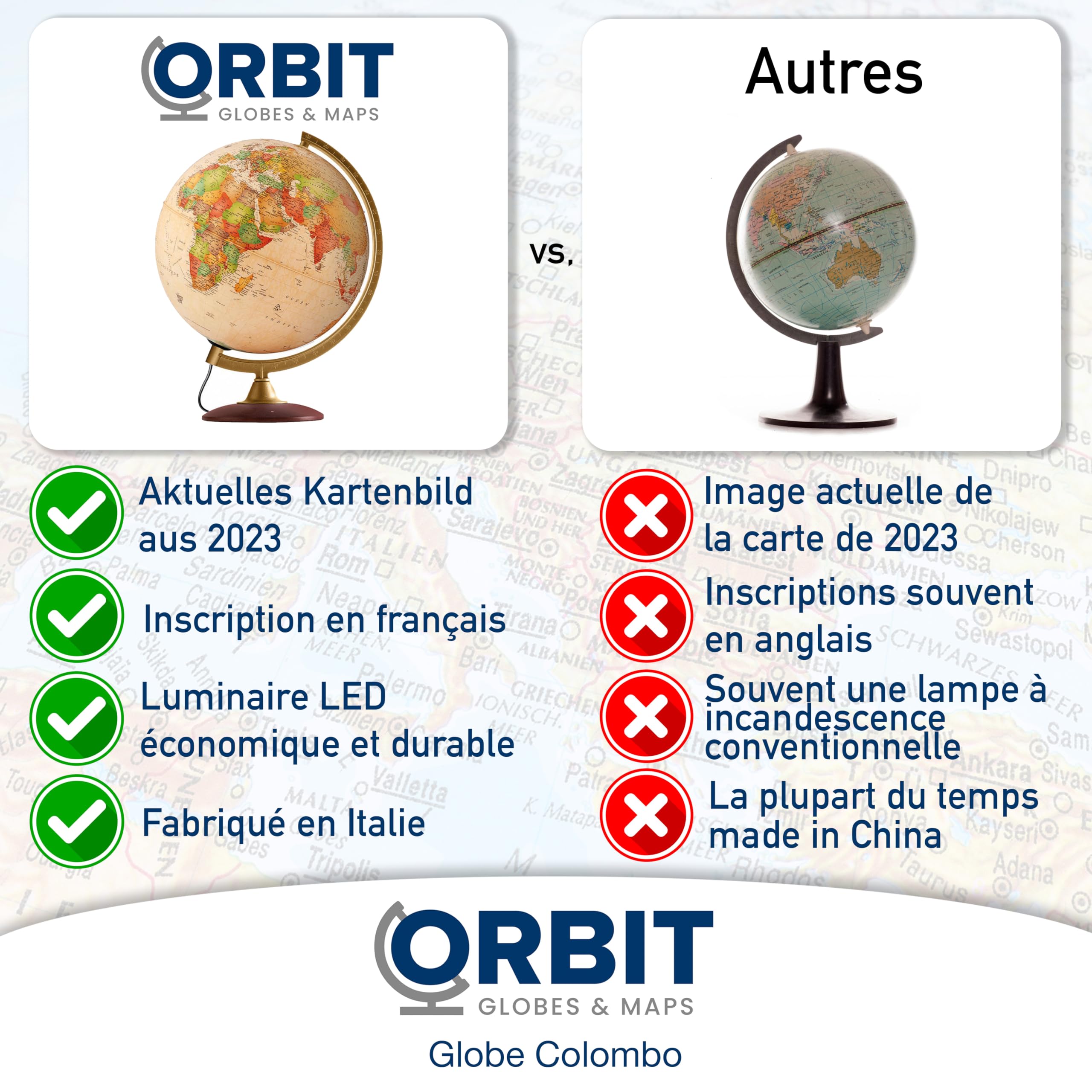 ORBIT Globes & Maps - Globe lumineux rétro dans le style antique - globe vintage de 30cm avec pied stable, image de carte 2023 physique/politique avec lampe LED, image de carte française actuelle