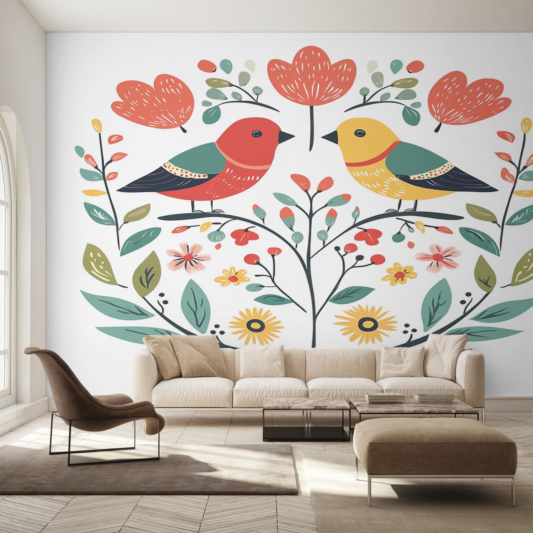 Papier peint fleurs et oiseaux pour salon et chambre décor intissé coloré 250x175