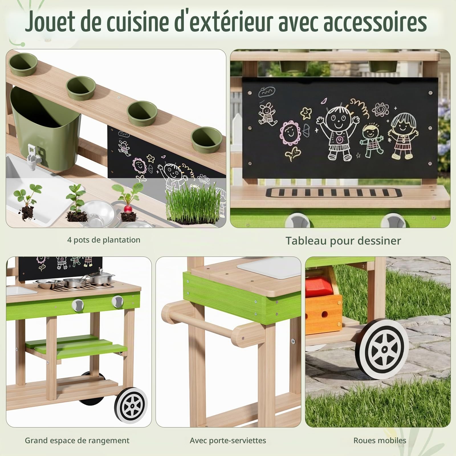 MAMIZO Cuisine Enfant Extérieure en Bois, Jardin Cuisine Jouet avec Roues, Robinet Fonctionnel, 4PCS Jardinières, Tableau, Étagères et évier, 88,5x33,5x85 cm, pour Les Enfants de 3 à 8 Ans