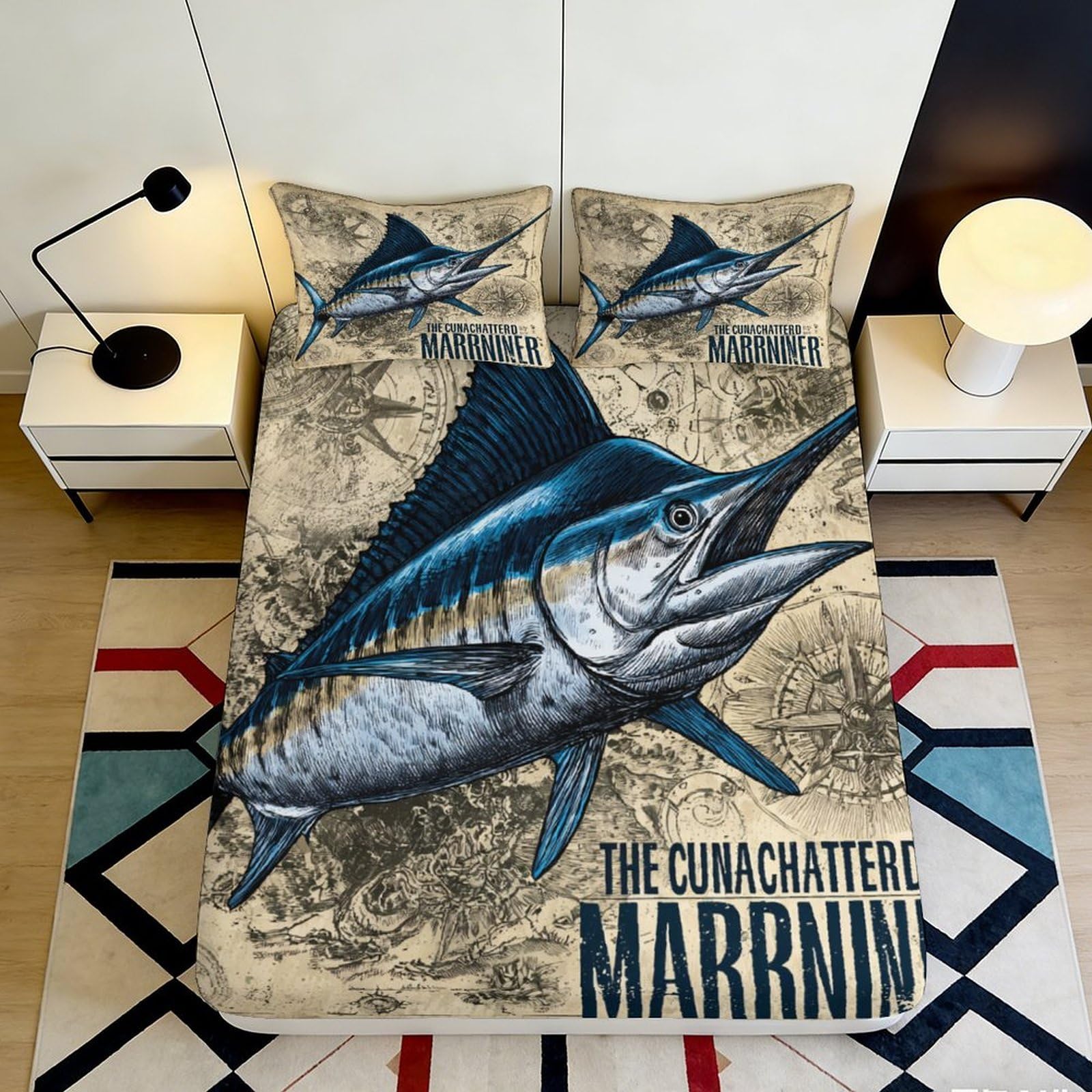 3D Printed Ocean Marlin Fitted Sheet Microfiber Soft Breathable Nautical Fish Mattress Cover for Bedroom Decor 120x200x25cm