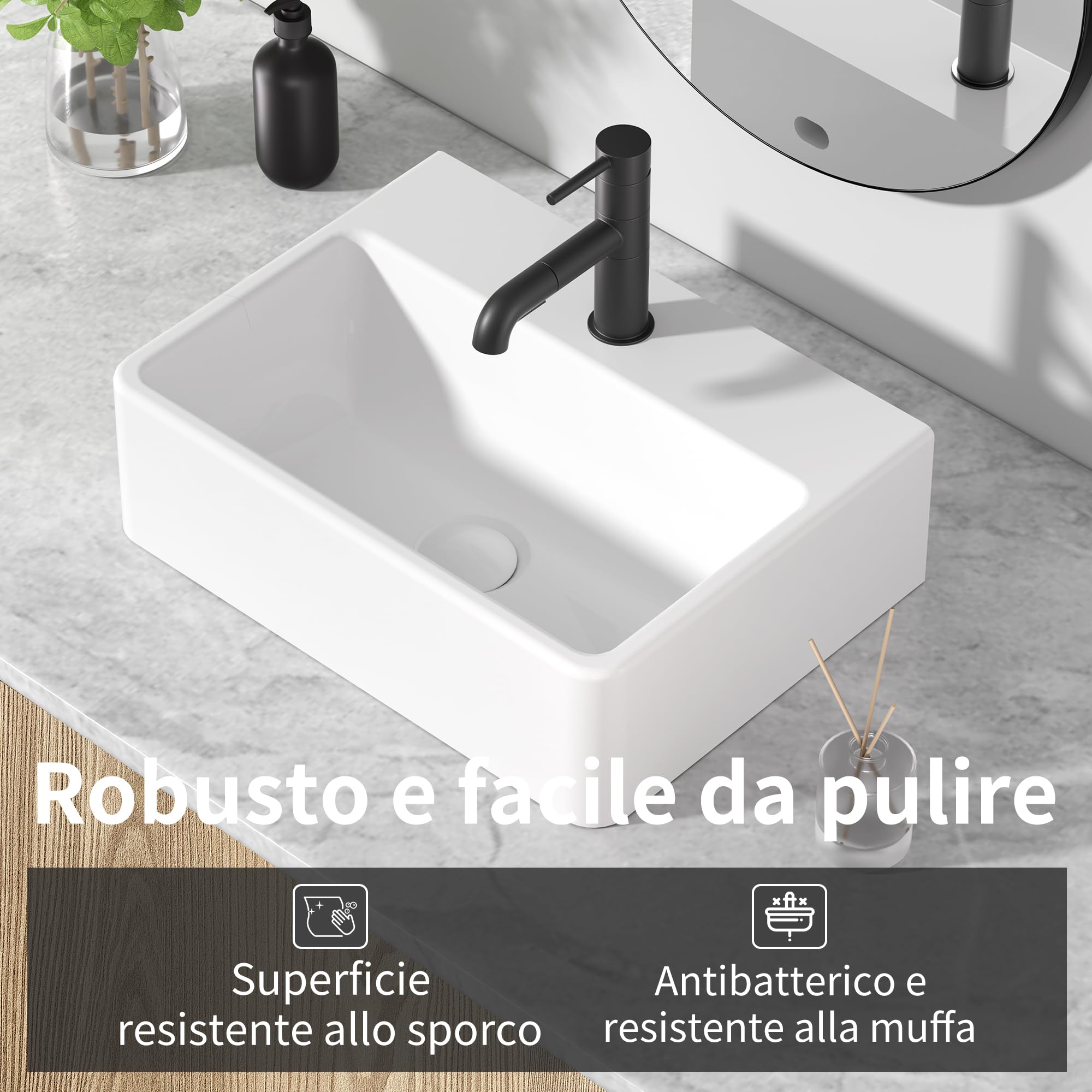 NUESTRA VIDA Lavabo sobre encimera de cerámica blanco, diseño rectangular y compacto (40x29.5x12 cm), incluye orificio para grifo, ideal para baños pequeños y aseos