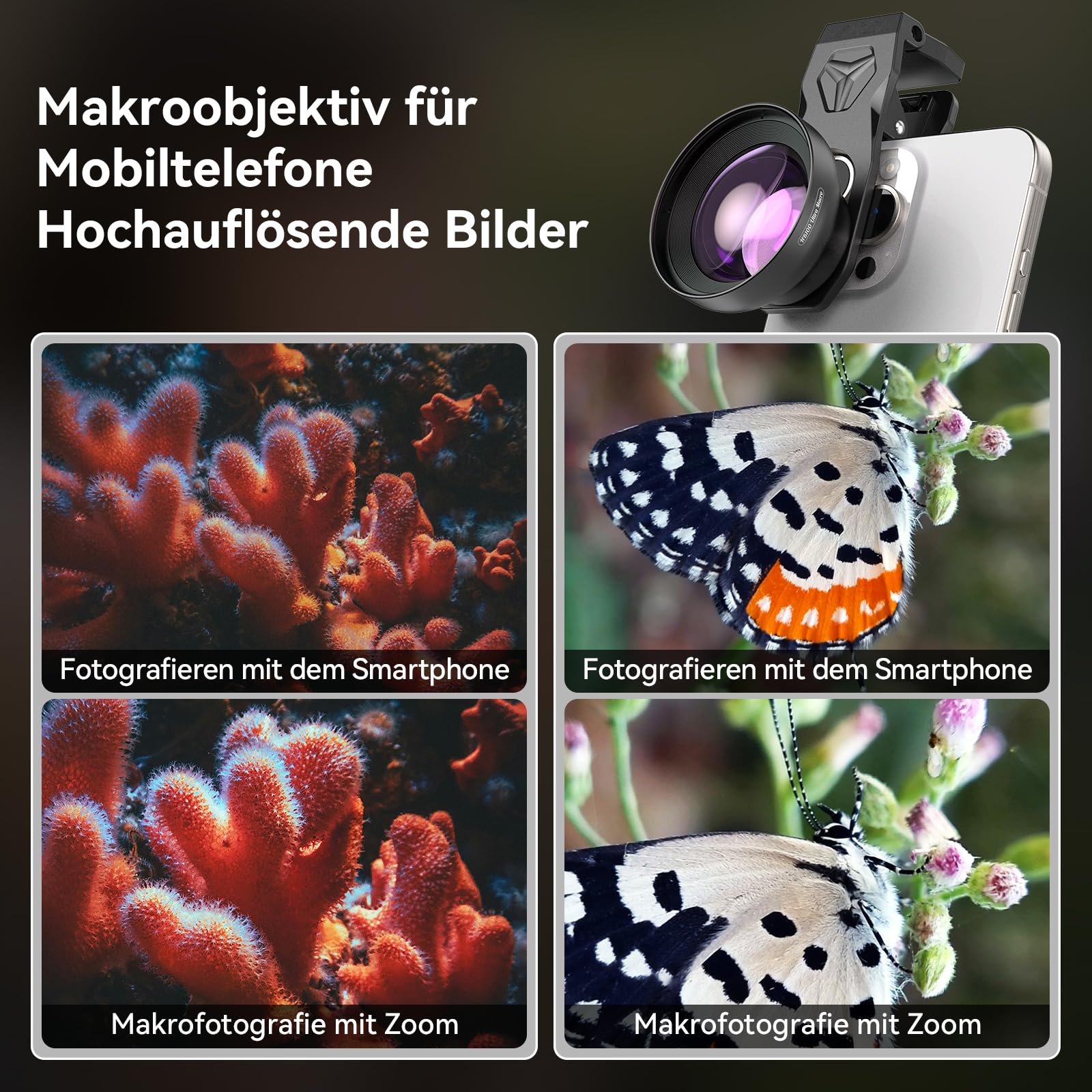 HB100 Ultra Makro Objektiv mit 45 Aufhellungsmodi, Blende F1.05 – HD-Makroobjektiv mit Universal-Clip – Handy Objektiv für iPhone, Samsung und Pixel, Android-Smartphones