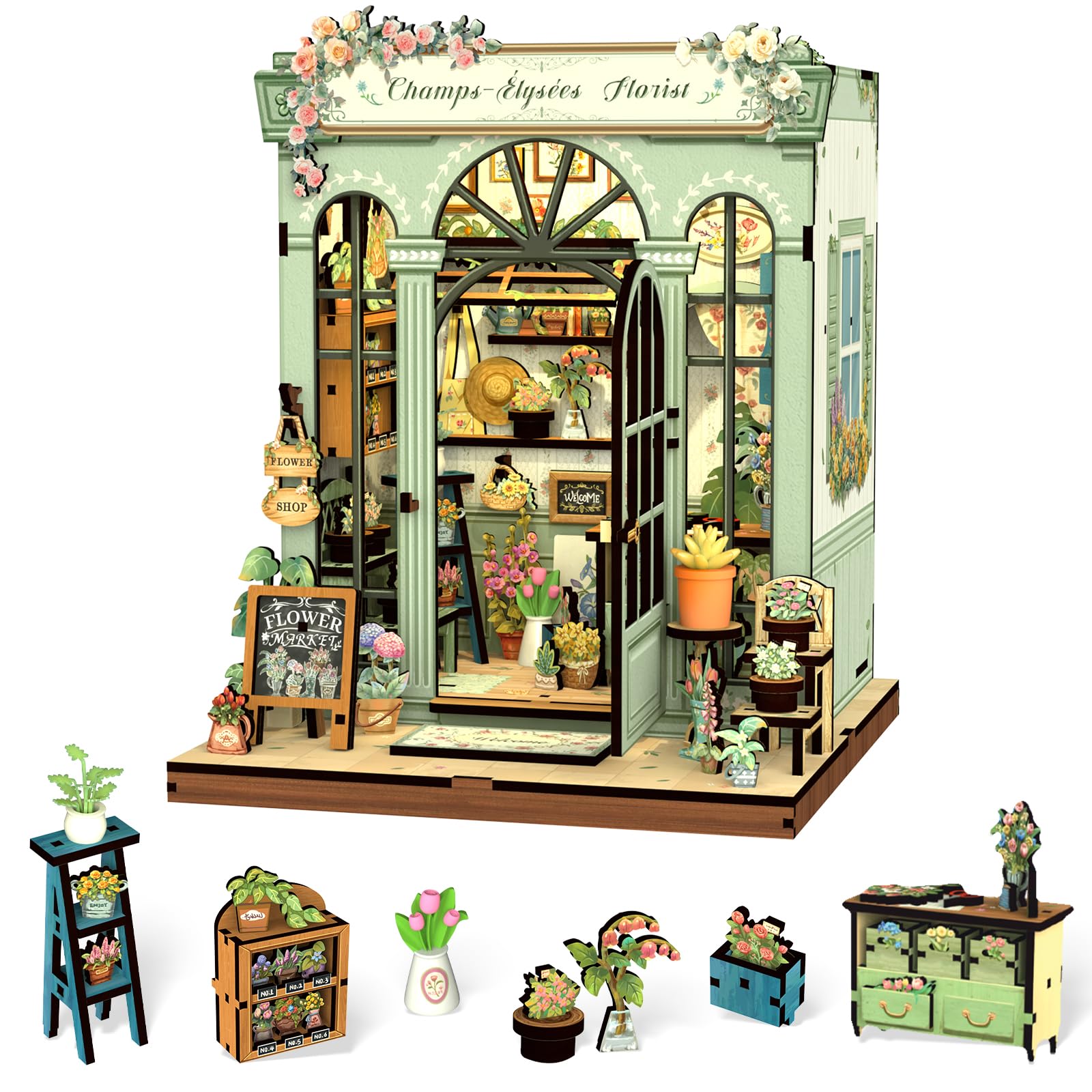 Cutefun Book Nook - DIY Puppenhaus Miniatur Bausatz für Erwachsene - Flower Shop 3D-Holzpuzzles Bastelgeschenke für Frauen und Bücherliebhaber (Champs-Élysées Florist)
