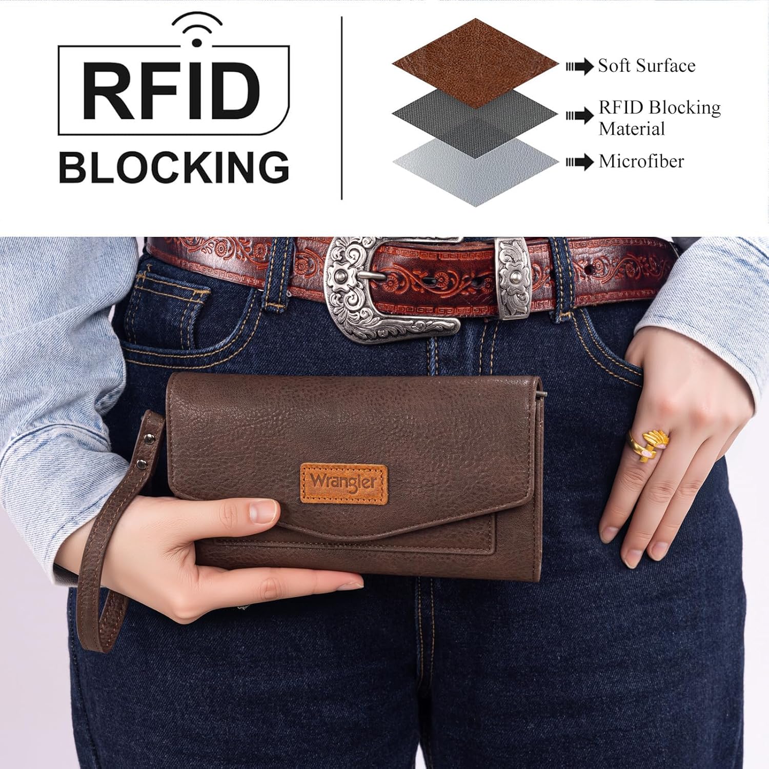 Montana West X Wrangler Women's Wallets Large Wristlet for Woman Ladies Female Trifold Cash Wallet with Wrist Strap and Rfid Lining - Image 3