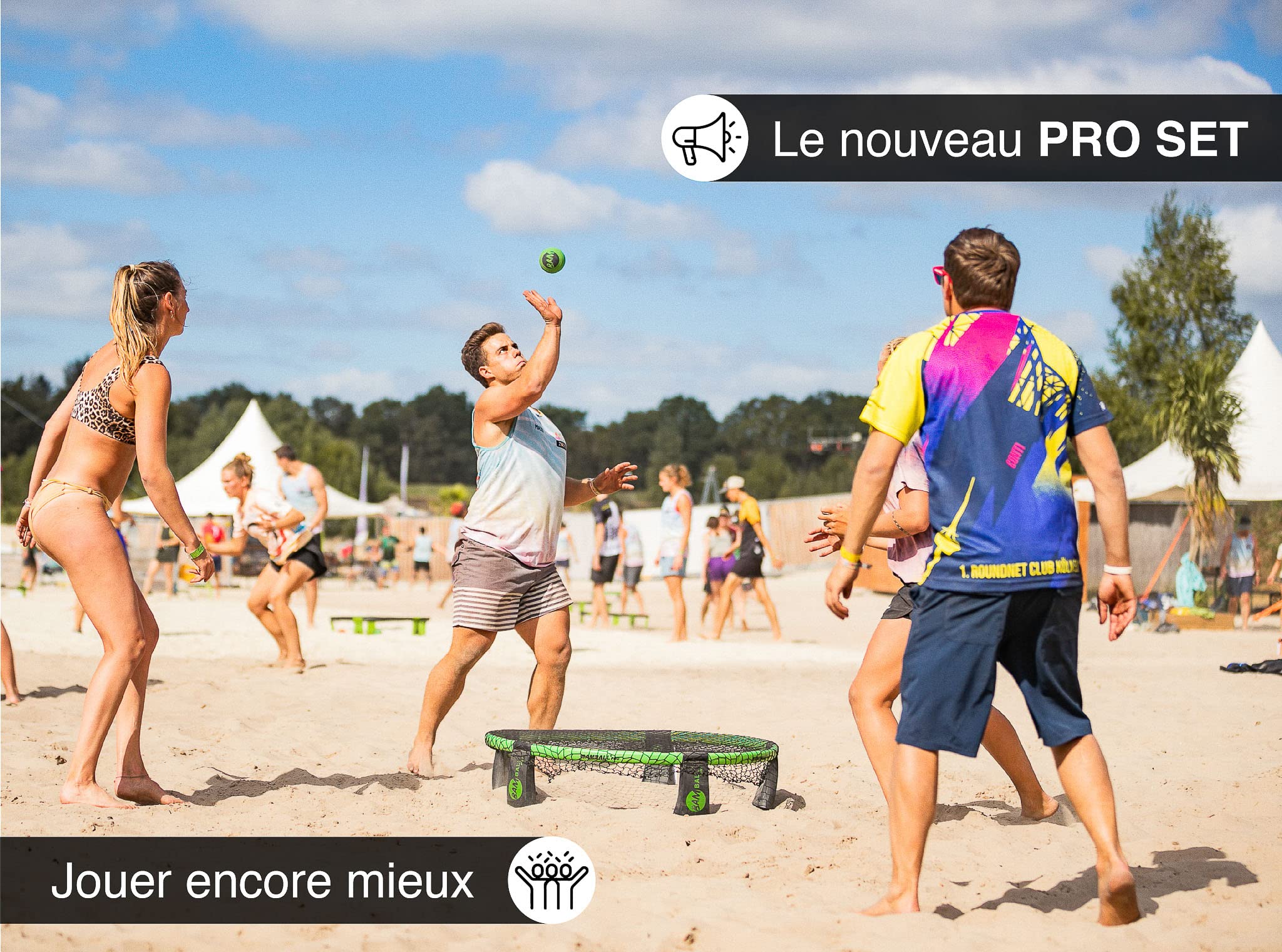 Roundnet Pro Set (édition tournoi) – Avec 3 balles nouvellement développées, sac à dos étanche, filet amélioré, cadre renforcé et pompe à ballon