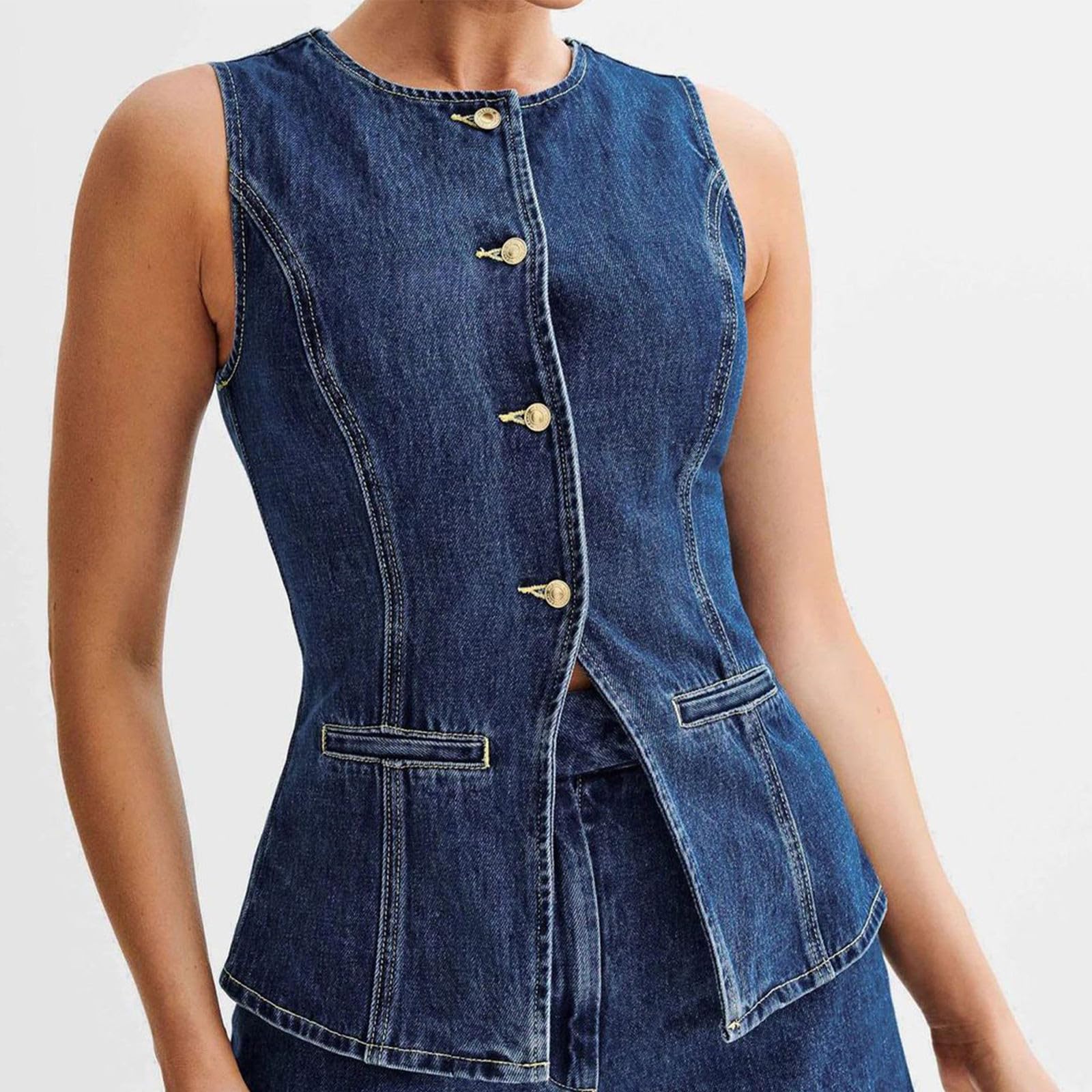 Women's Denim Casual Business Sleeveless Jean Vest Tops Casual Fall Winter Solid Color Button Down Jacket Outerwear