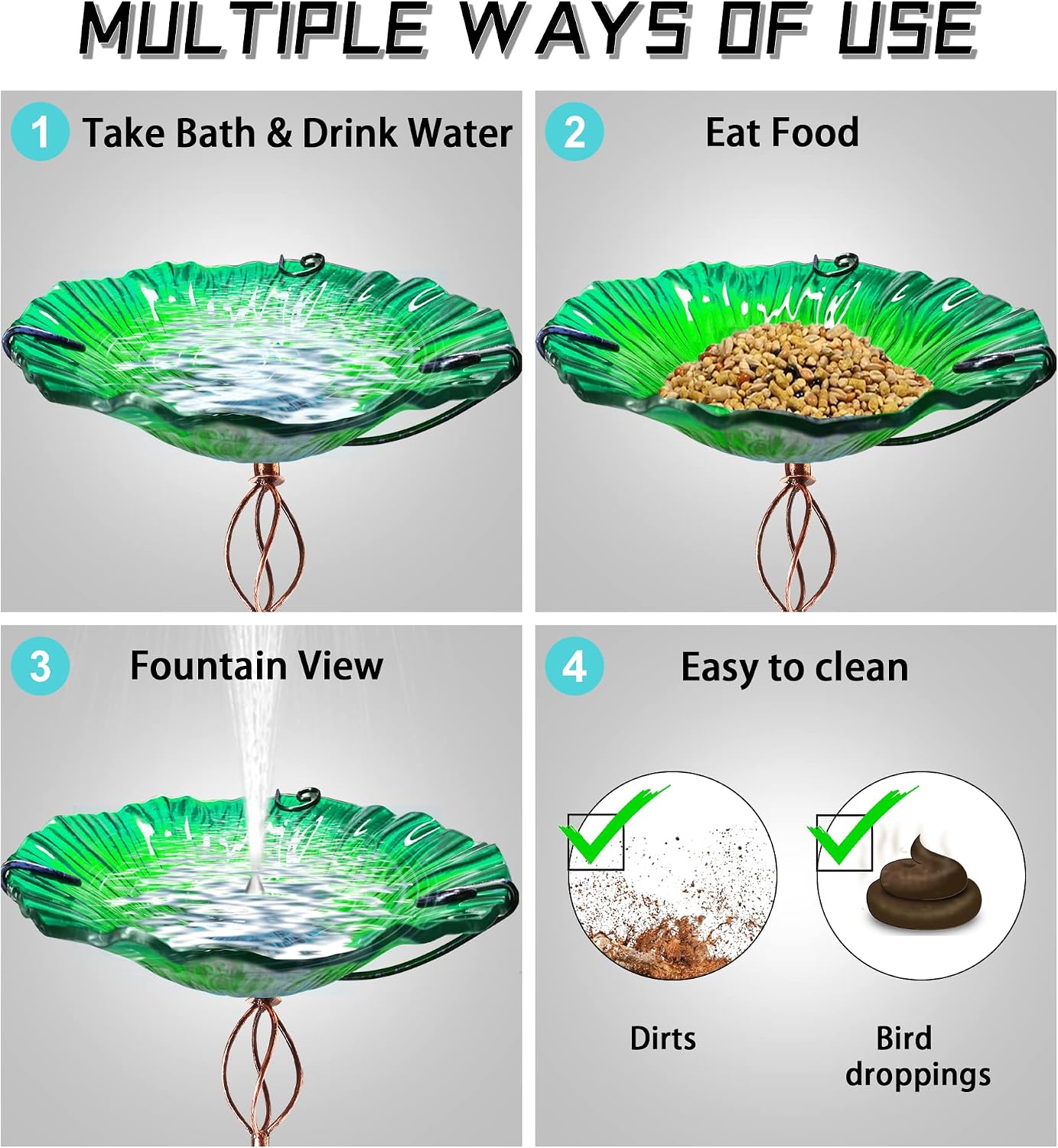 BEBEKULA Glass Bird Baths for Outdoors, 31" Height Bird Bath Bowl birdbaths for The Garden with Metal Stake (Green)