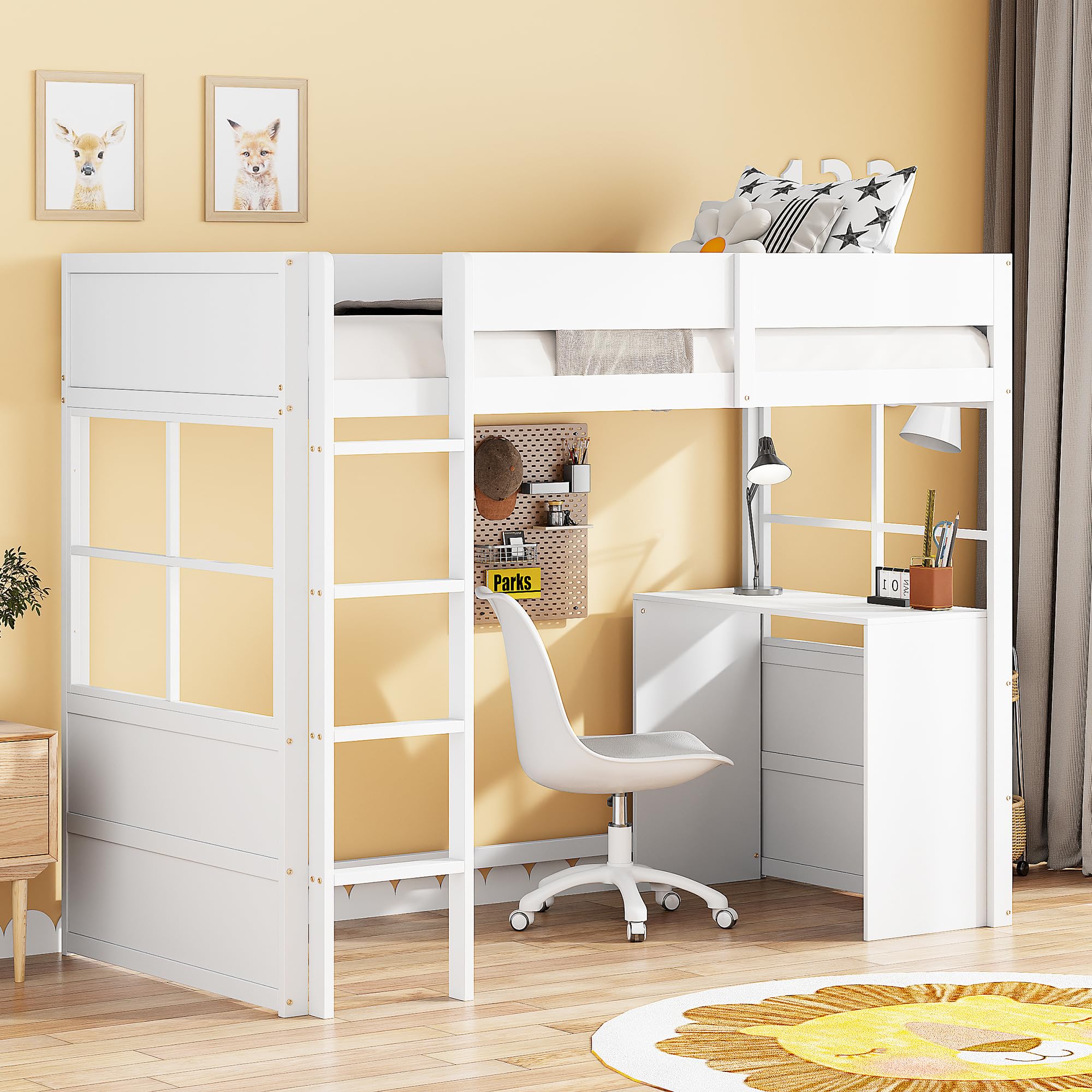 Sapgaks - Cama altillo de 90 x 200 cm, cama infantil con escalera de seguridad y mesa, diseño de alta valla, cama individual de madera, color blanco