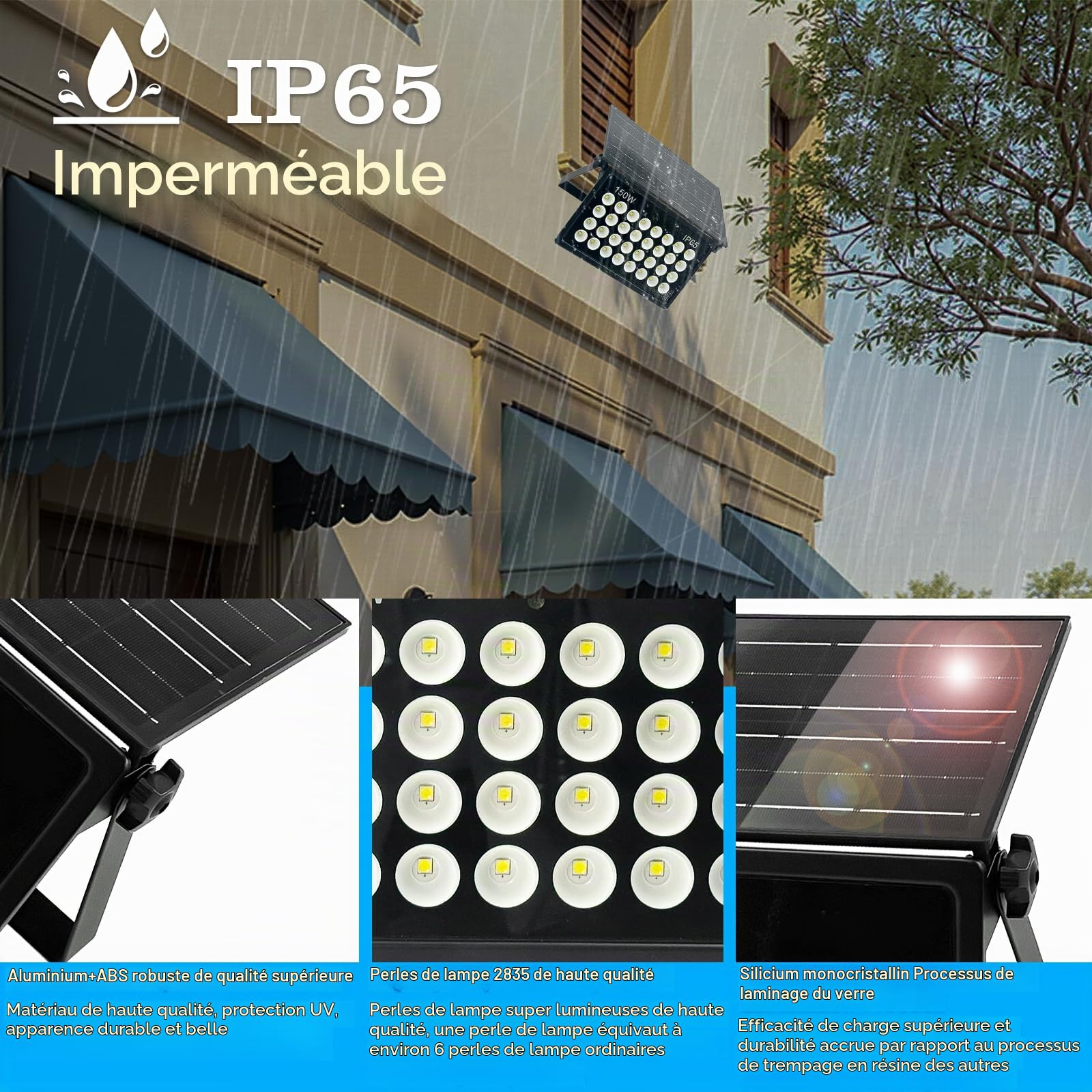 150W Projecteur Solaire, Lumière Solaire Extérieure Avec Télécommande, 6500K Spot Solaire Exterieur, IP65 Étanches Lampe Solaire Extérieur pour Porche Patio Jardin Garage Allée