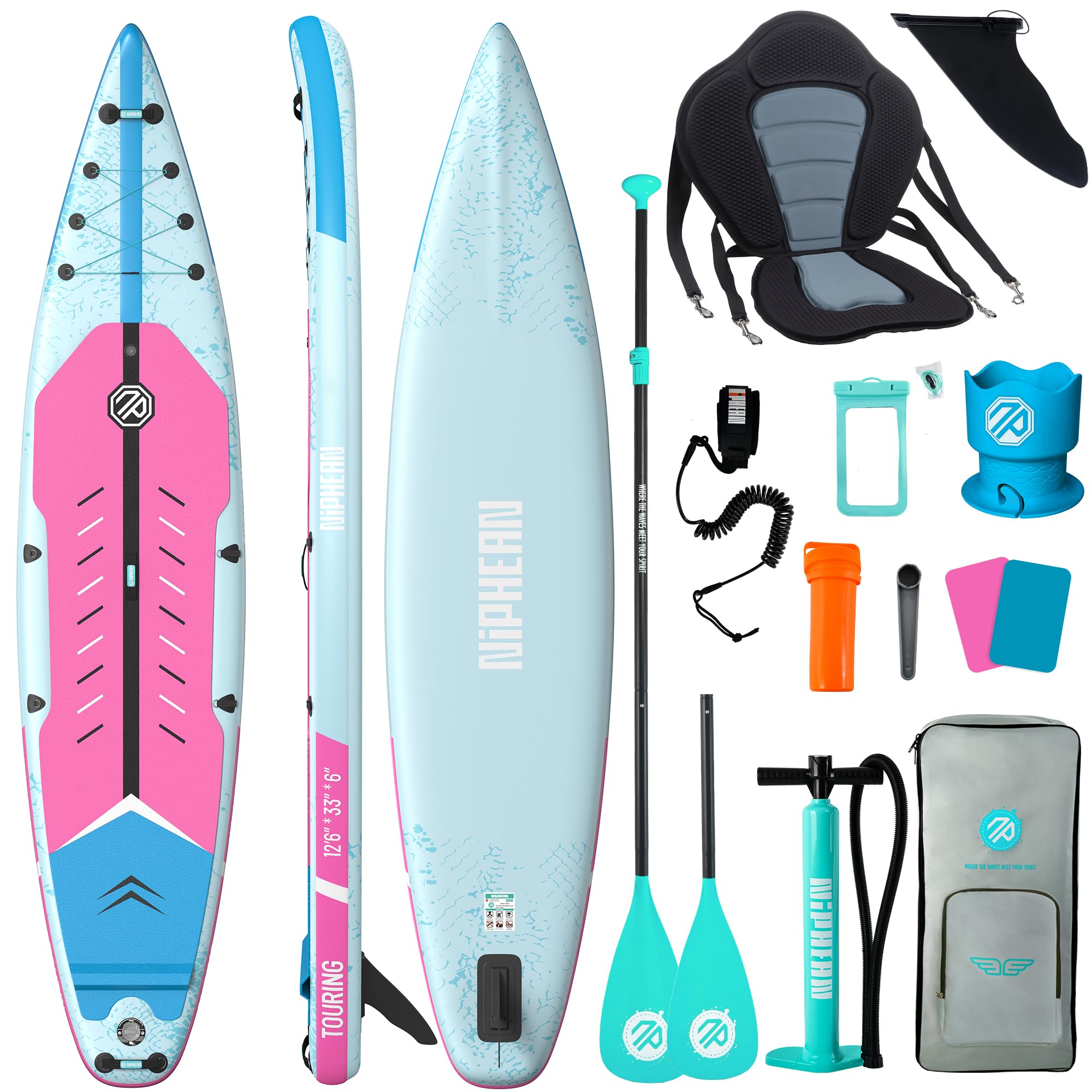 Niphean 380cm Tabla Paddle Surf Hinchable, Sup Touring con Accesorios | Tabla Padel Surf Rígida 280kg para Adultos y Principiantes, Kick Pad, Antideslizante, Kit Reparación