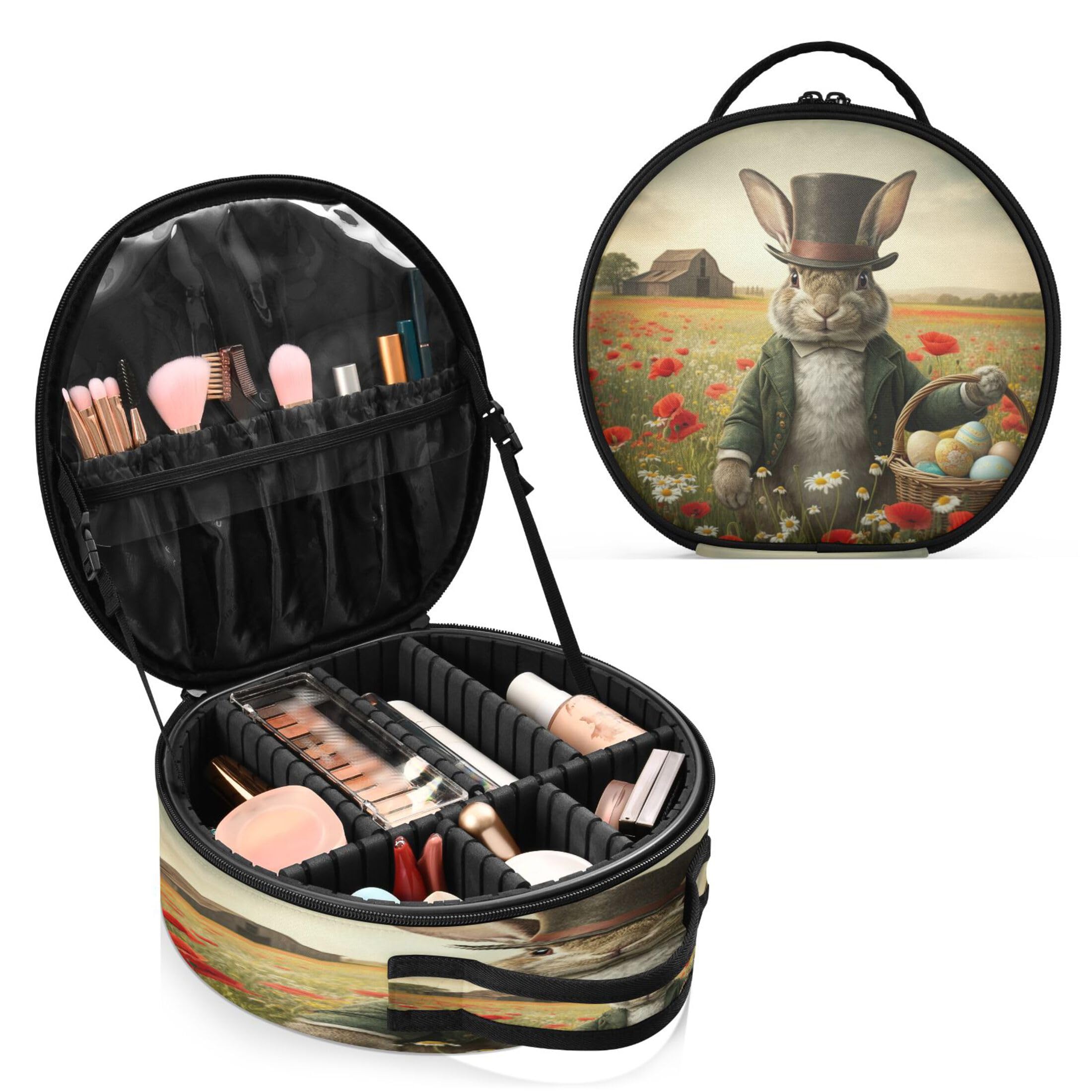 Takiito Retro Bunny Travel Makeup Case Portable Makeup Box Artist Cosmetic Case Organizer With Adjustable Dividers