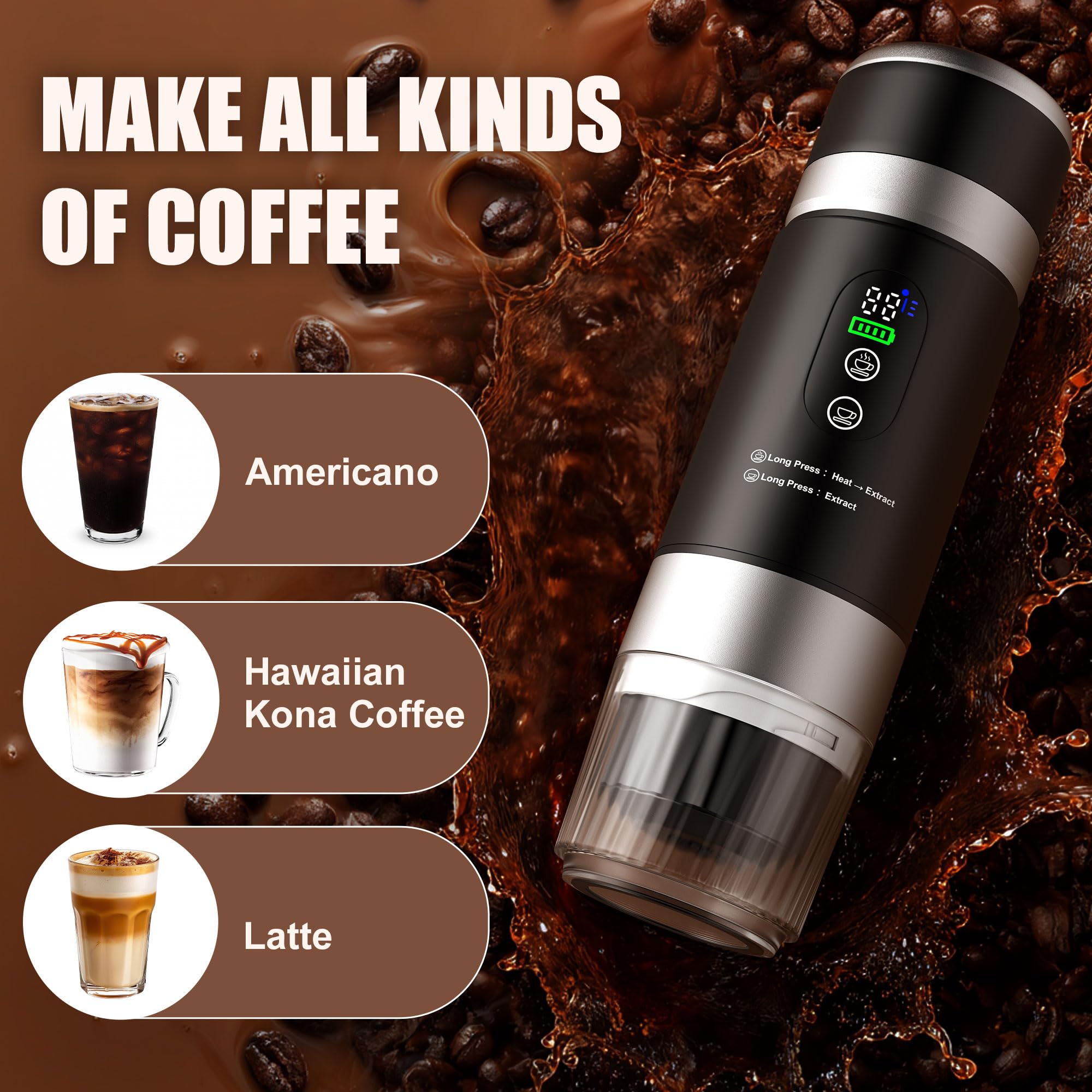 3-in-1 Tragbare Kaffeemaschine mit Herausnehmbarem Akku, 20 Bar Hochdruck Extraktion, Schnelle Selbstheizung, Espressomaschine mit Digitalanzeige, Kompatibel mit KaffeeKapseln