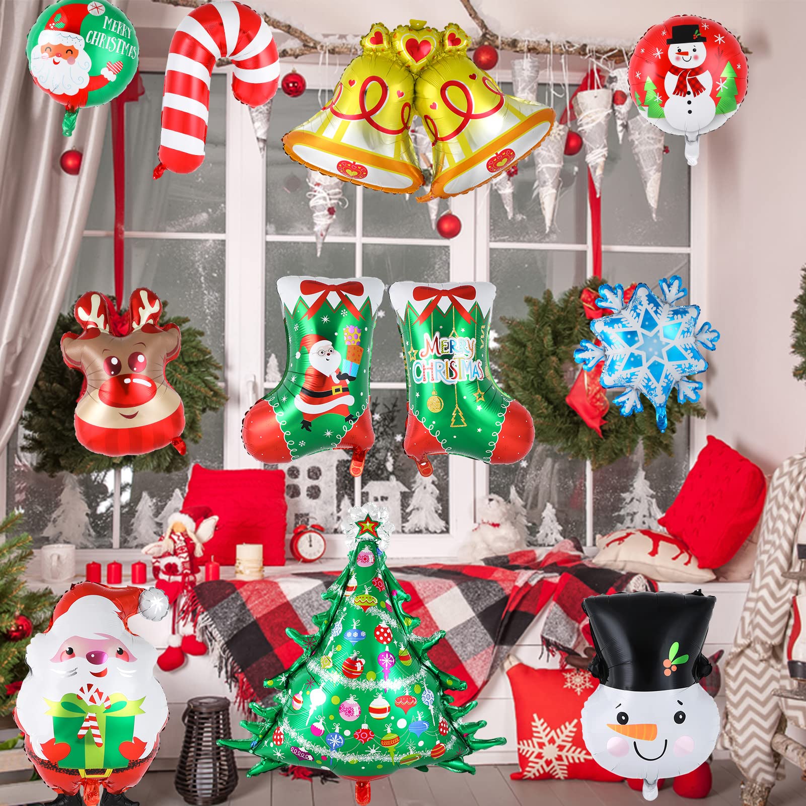 60 Ballons Aluminium Noël – Motifs Sapin, Père Noël, Bonhomme Pain D’Épice – Pour Déco Fête & Anniversaire