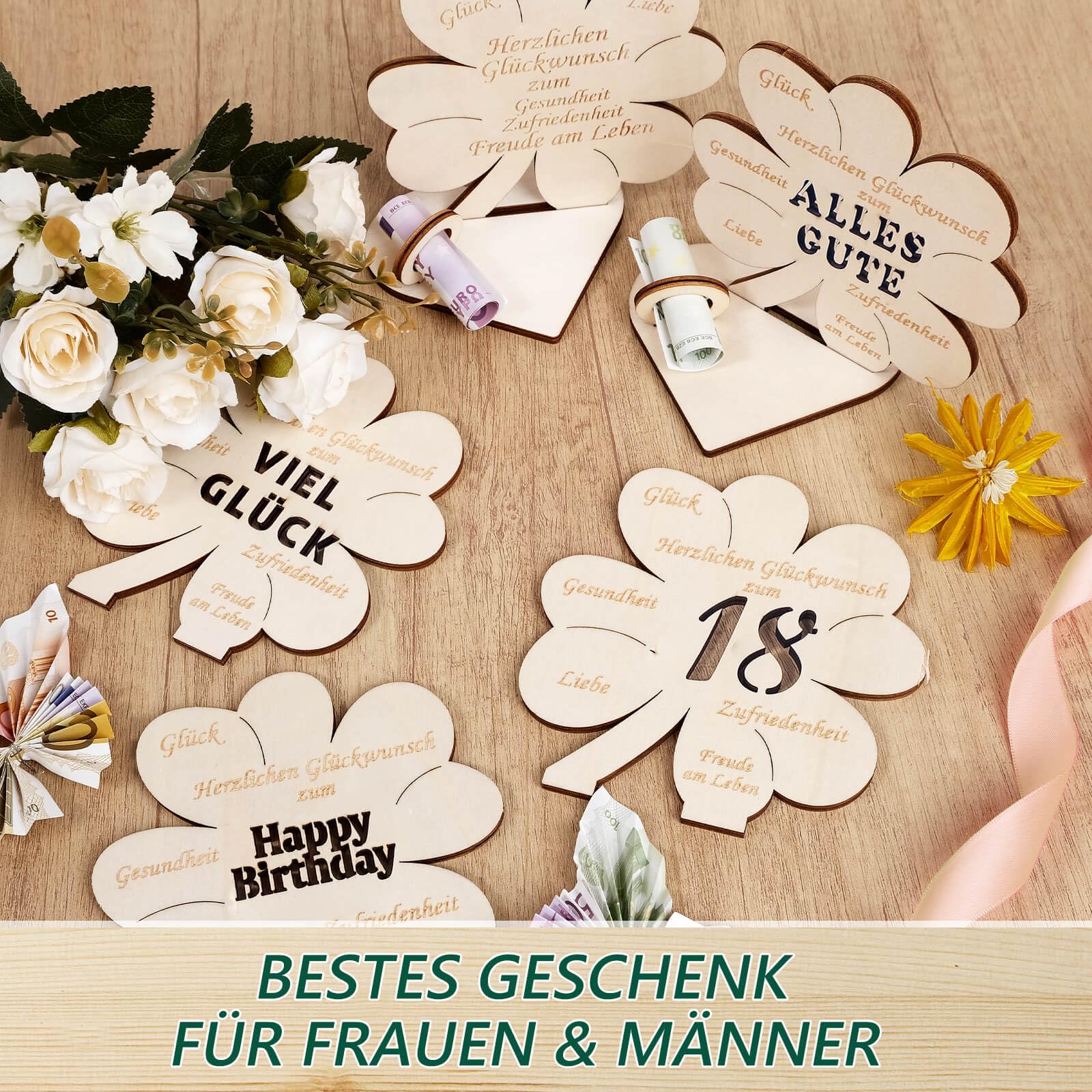 Regali in denaro per compleanno, quadrifoglio, fortuna, regalo in denaro per 80 compleanno, donne e uomini, regalo in legno per compleanno, matrimonio, decorazione da tavolo personalizzata
