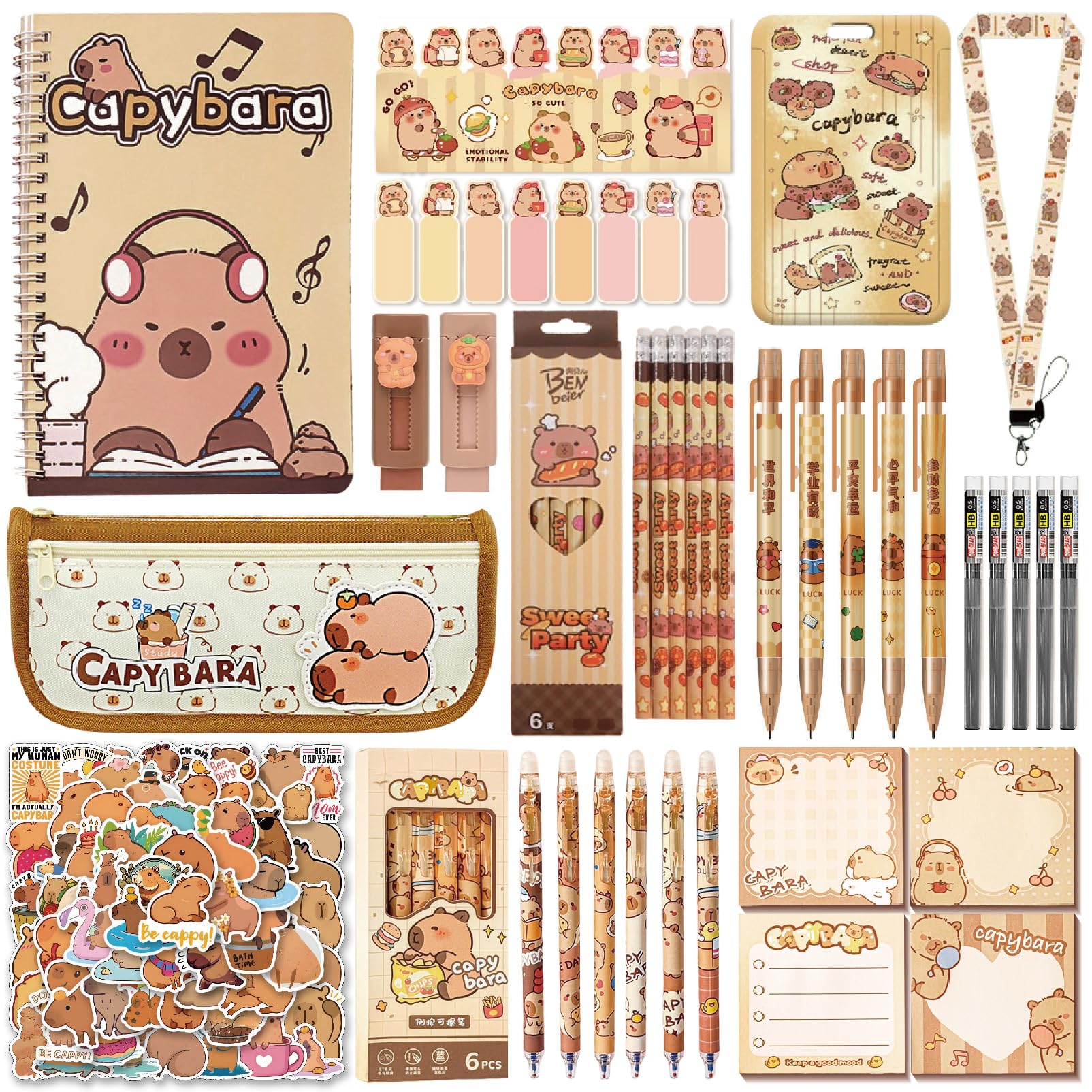 12PCS Capybara School Supplies set，Cute School Supplies ballpoint pens notebooks, pencil cse, sticky notes ，mechanical pencil