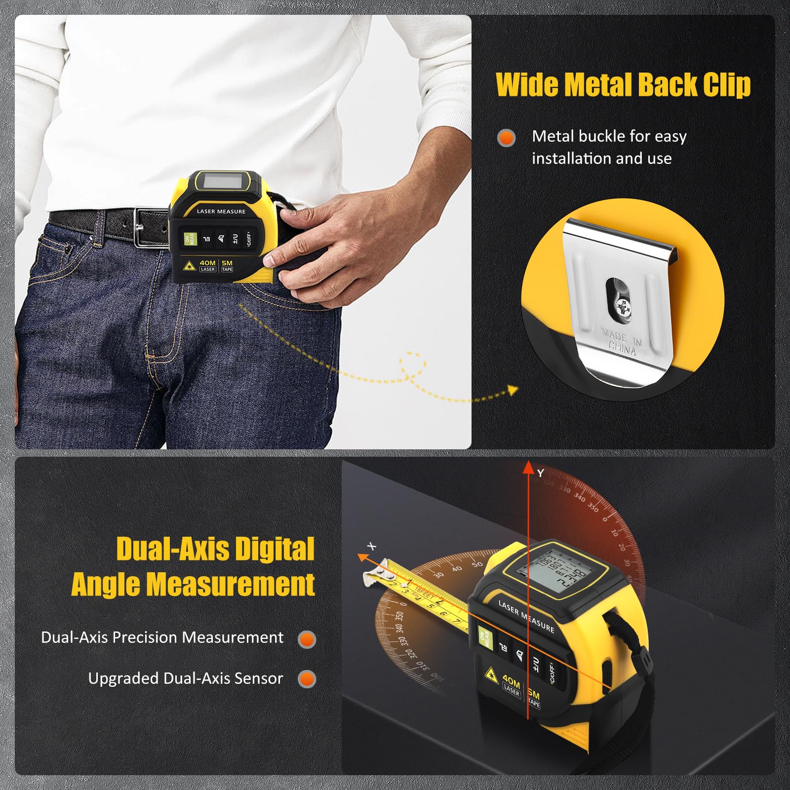 Laser Metro a Nastro 4 in 1, con Bluetooth, 5m e Telemetro Laser Metro a Nastro 100m, Misuratore Digitale con Livella Elettronica a Doppio Asse, Calcolo di Distanza, Superficie, Volume Disegno CAD