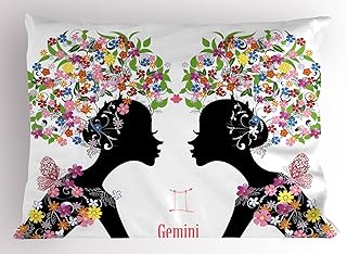 Ambesonne Zodiac Gemini Pillow Sham, 2 Young Ladies with Colorful Spring Blossoms and Butterflies Fashion Girls, Decorative Standard Queen Size Printed Pillowcase, 30