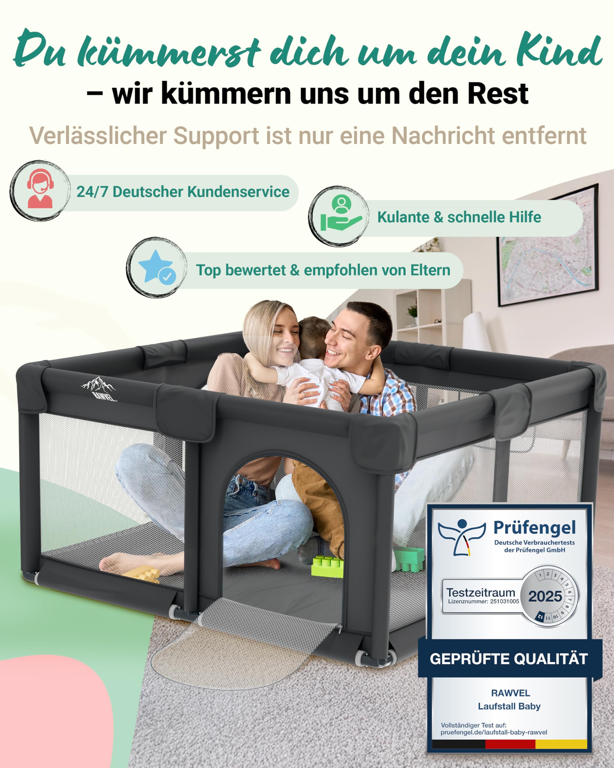 RAWVEL® Laufstall Baby Fence – [NEU 2025] – Laufgitter Baby Laufstall Playpen Kind, Laufgitter & Ställe, Kinderlaufstall, Play Pen – [Laborgeprüft] – Atmungsaktiv & Vollständig gepolstert - 130x130 cm