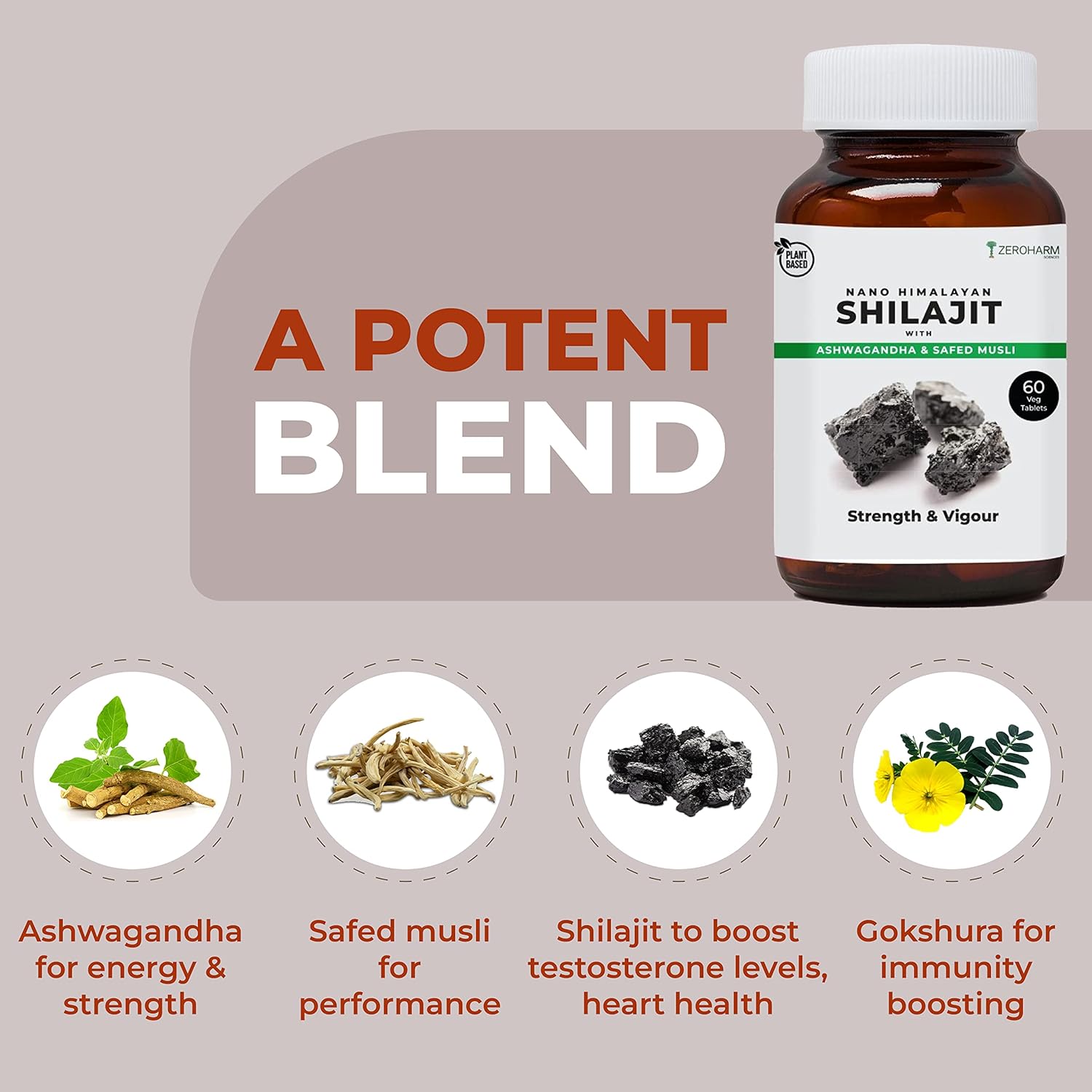 ZEROHARM Nano Himalayan Shilajit With Ashwagandha, Safed Musli & Goksura 60 Veg Tablets, Energy Booster, Stamina, Vigour, Endurance & Performance supplements ZEROHARM Nano Himalayan Shilajit With Ashwagandha, Safed Musli & Goksura 60 Veg Tablets, Energy Booster, Stamina, Vigour, Endurance & Performance supplements