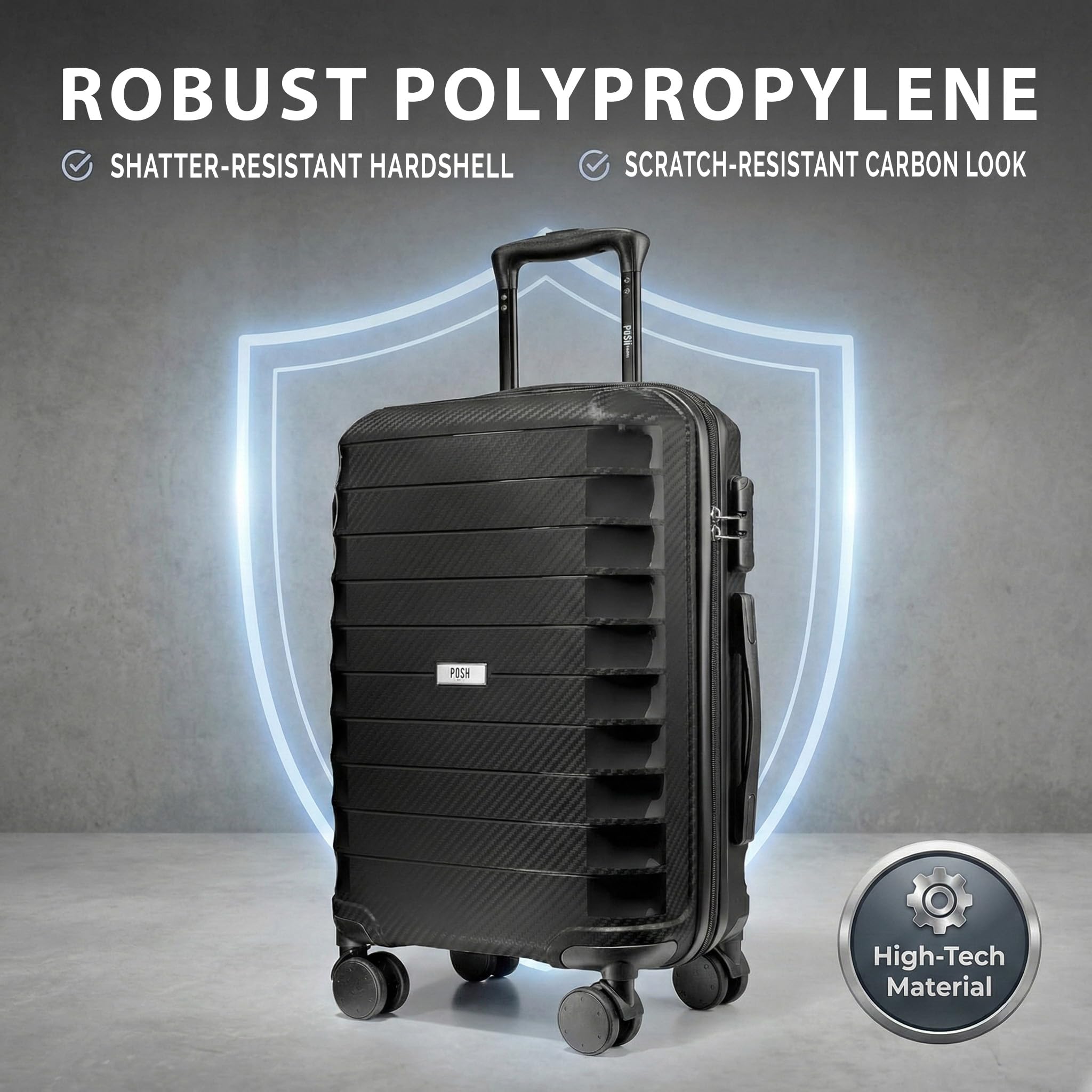 POSH Valigia rigida M in polipropilene - Trolley leggero da cabina 2,5 kg con effetto carbonio - Bagagli robusta con 4 doppie ruote – Capacità 40 litri, resistente ai graffi - 60x40x23 cm