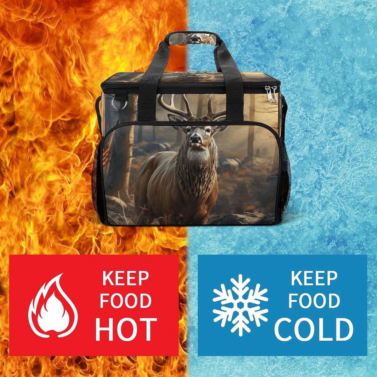 Insulated Picnic Backpack Tote Bag, Large Capacity 30L Deer Hunting Season Cooler Bag Leakproof Beach Bags Portable Lunch Box Waterproof Picnic Basket for Beach Camping BBQ