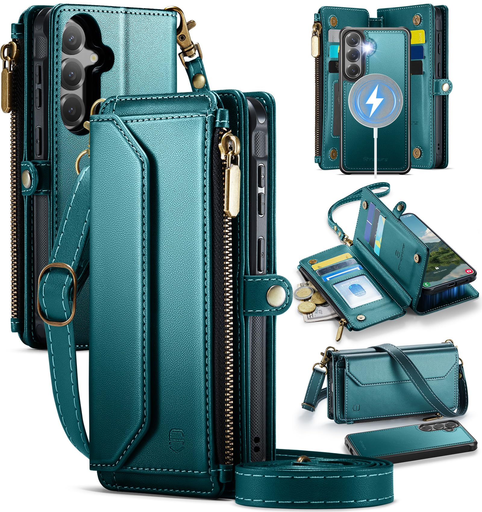 Strapurs Funda tipo cartera magnética desmontable para Samsung Glaxy S26 | Compatible con Magsafe, correa de muñeca cruzada, bloqueo RFID, soporte para 9 tarjetas, bolsillo con cremallera