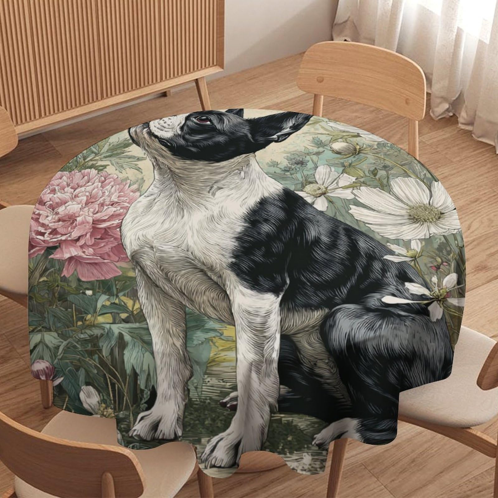 LUYYSKY Beautiful Abstract Cute Dog Round Tablecloth Vintage Realistic Spring Floral Animal Puppies Butterflies Washable Decor for Table Cover for Kitchen-152.4" Wx152.4 L cm