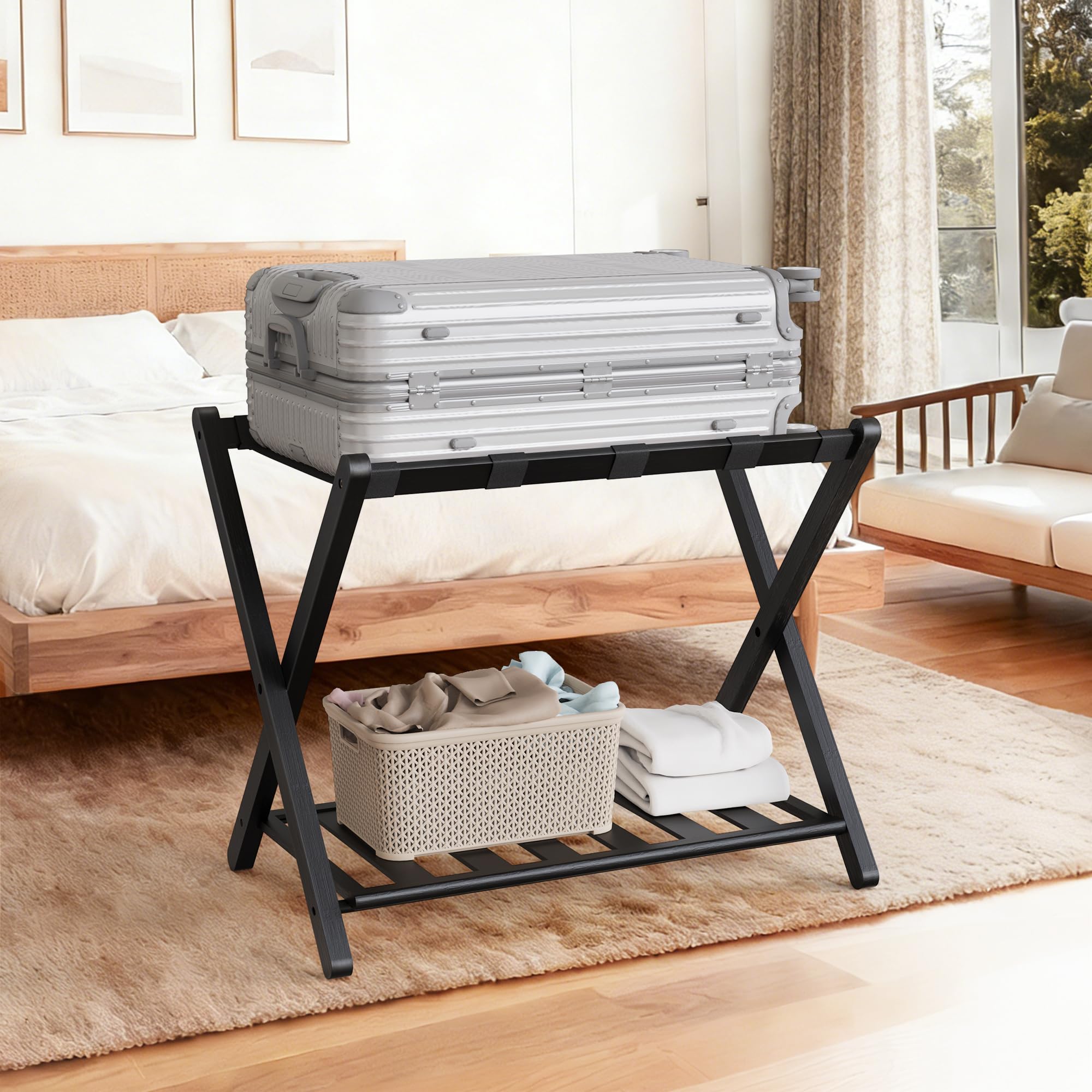 26.77"L Luggage Rack, Black Luggage Rack for Guest Room, Bamboo Folding Suitcase Stand with Storage Shelf, 5 Nylon Straps, Heavy Duty Luggage Holder for Bedroom Hotel, 1 Pack, Gift Box Packaging