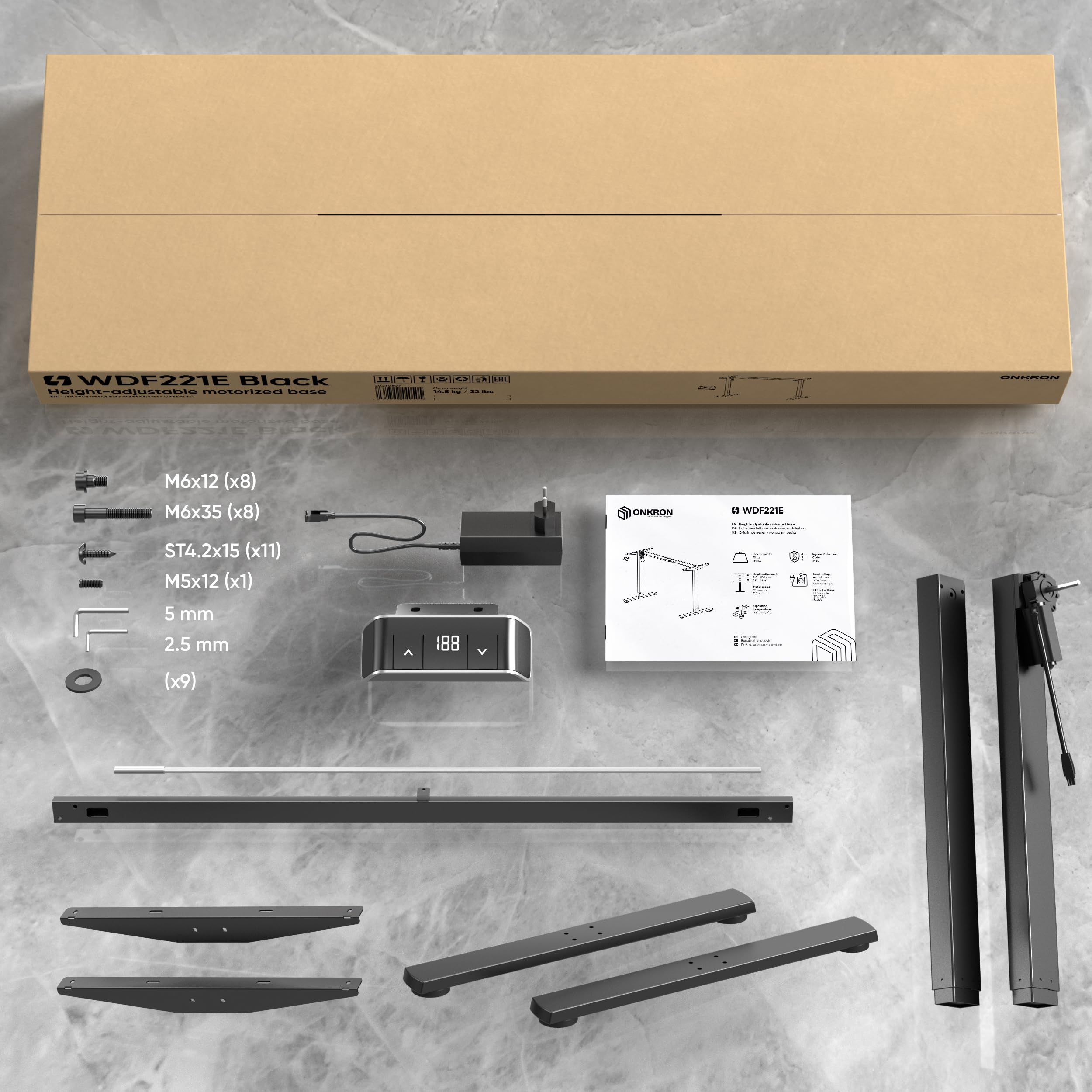 ONKRON höhenverstellbarer Schreibtisch Gestell elektrisch bis zu 70 kg, Sitz Steh Tisch Untergestell für 120-170 cm Tischplatten, Schreibtisch höhenverstellbar mit Motor Schwarz WDF221E-B