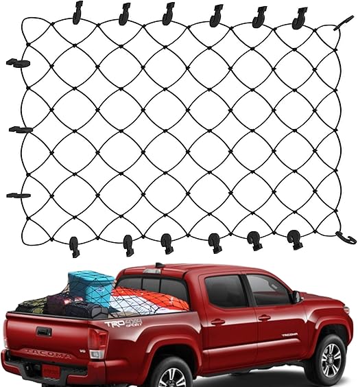 Cargo Net for Toyota Tacoma Short Bed - Fits 2005-2025 - Patented Bed Rail Integration - Heavy Duty 8mm Premium Bungee 3'x4' Cargo Netting - Designed in USA