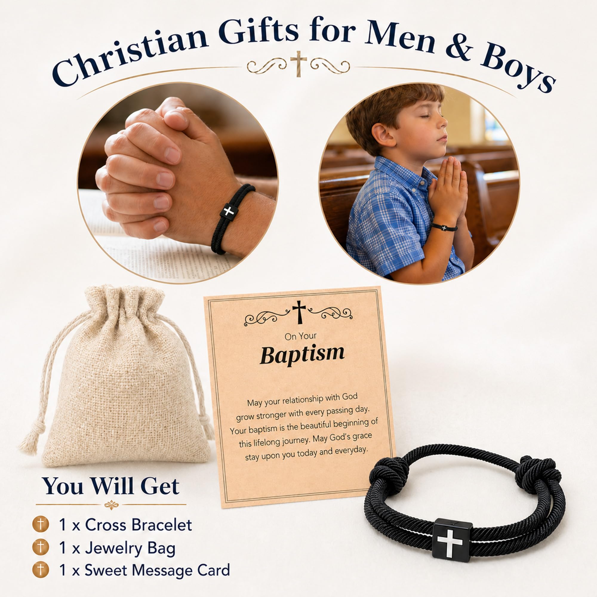 Baptism Gifts for Boys Men, Cross Bracelet for First Communion Confirmation Christening, Christian Religious Gift for Son Grandson Nephew Godson Teen Boys Girls