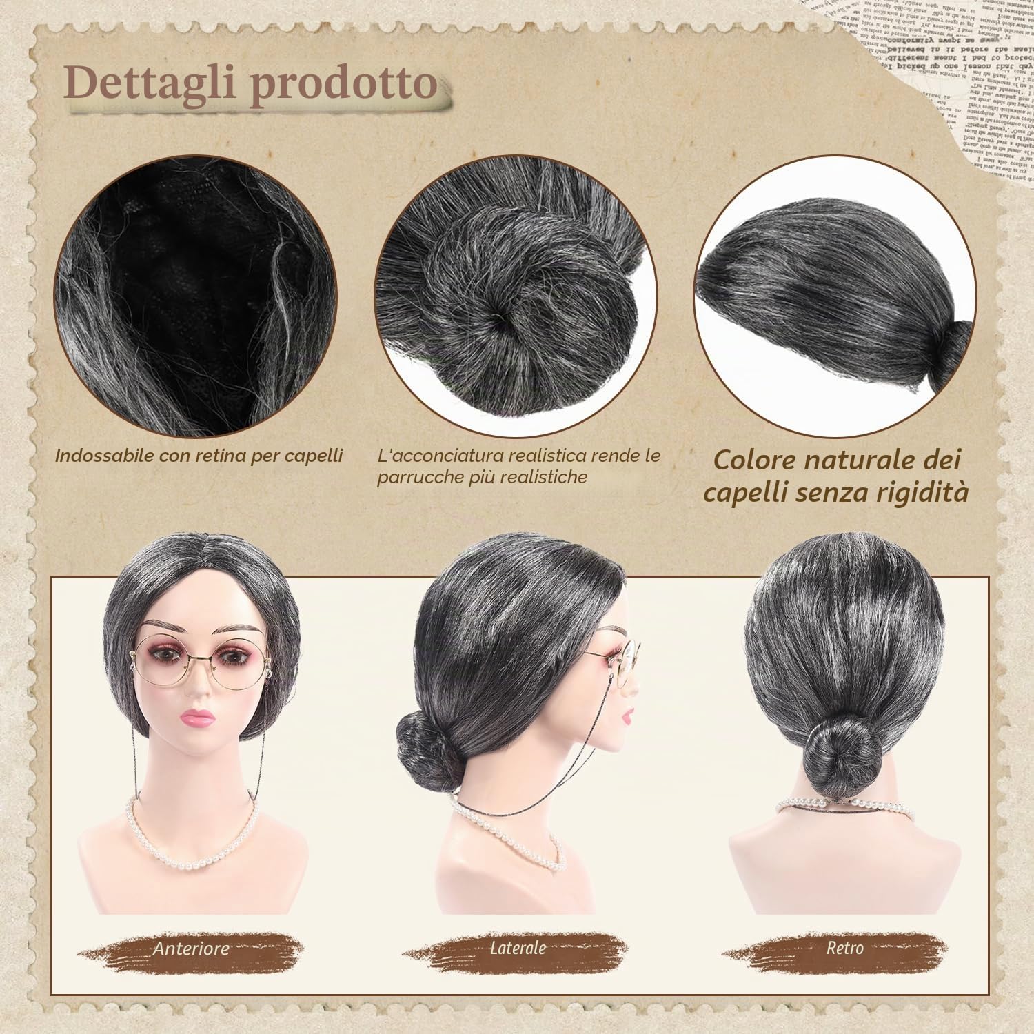 9 Pezzi Nonna Parrucca Realistica ed Elegante Parrucca Donna Collana di Perle Artificiali Gioielli Bracciali Orecchini Abit Nonna Occhiali Bastone Camm Supp Pied Gonfi per Ruolo Halloween Carnevale