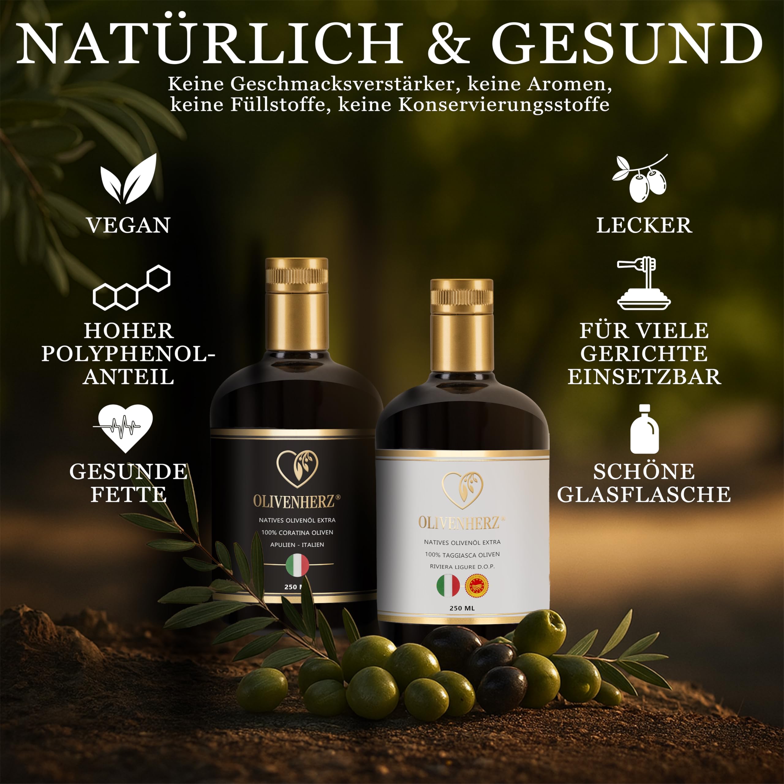 Italienisches Olivenöl Natives Olivenöl Extra Premium Qualität Geschenkset 2 x 250 ml Glasflaschen