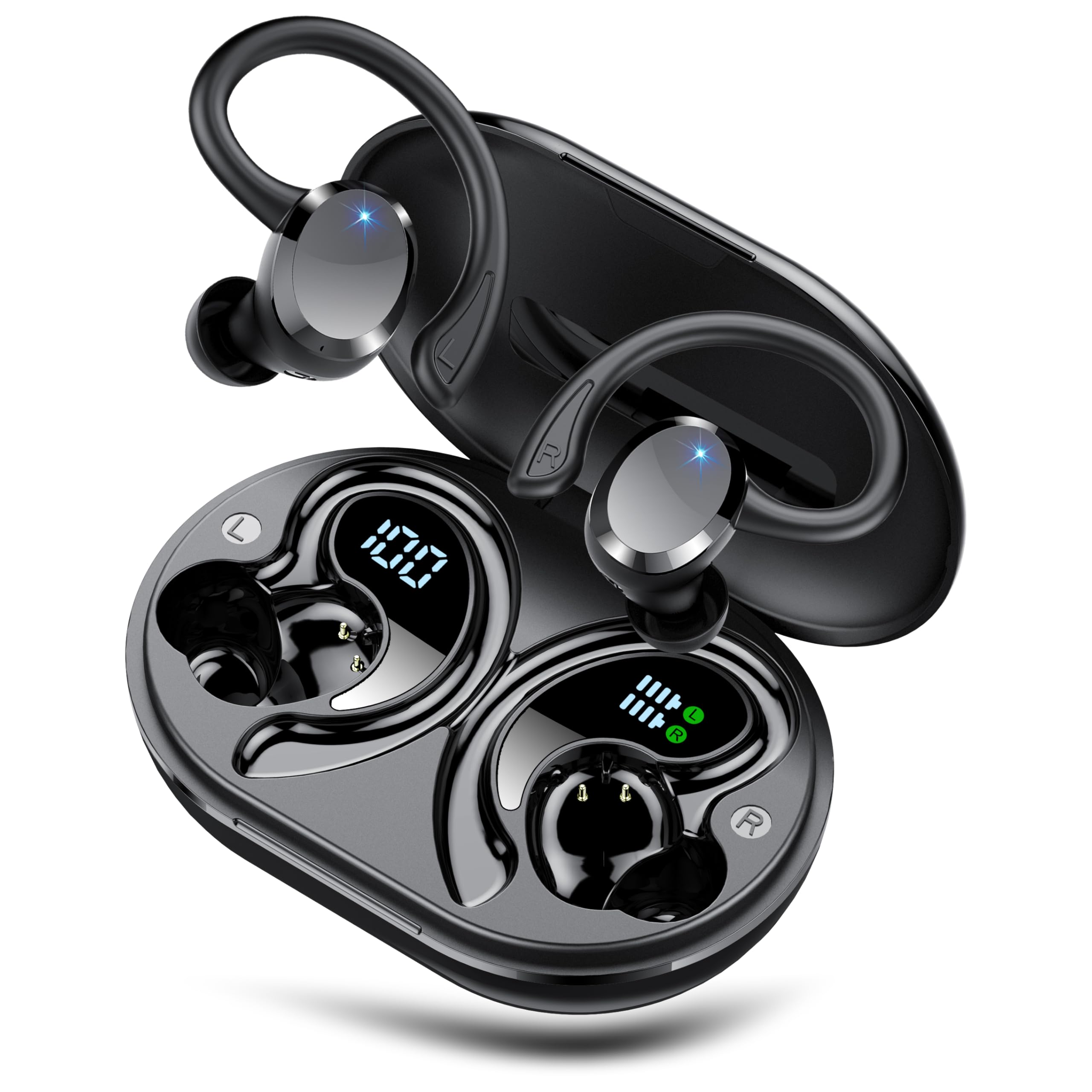 Bluetooth Kopfhörer Sport, Kopfhörer Kabellos Bluetooth 5.4 mit 4 ENC Noise Cancelling Mic, 68Std Hi-Fi Stereo Tiefer Bass Wireless Earbuds, LED-Anzeige, IP7 Wasserdicht Ohrhörer mit Ohrhaken