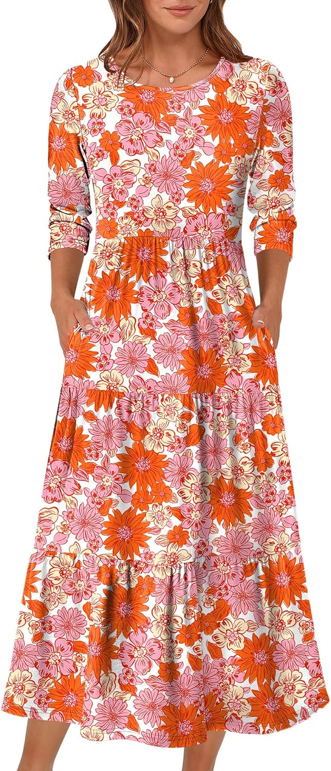 Prinbara Womens 3/4 Sleeve Casual Maxi Floral Dresses 2026 Spring Crewneck A-line Tiered Flowy Summer Boho T Shirt Long Dress