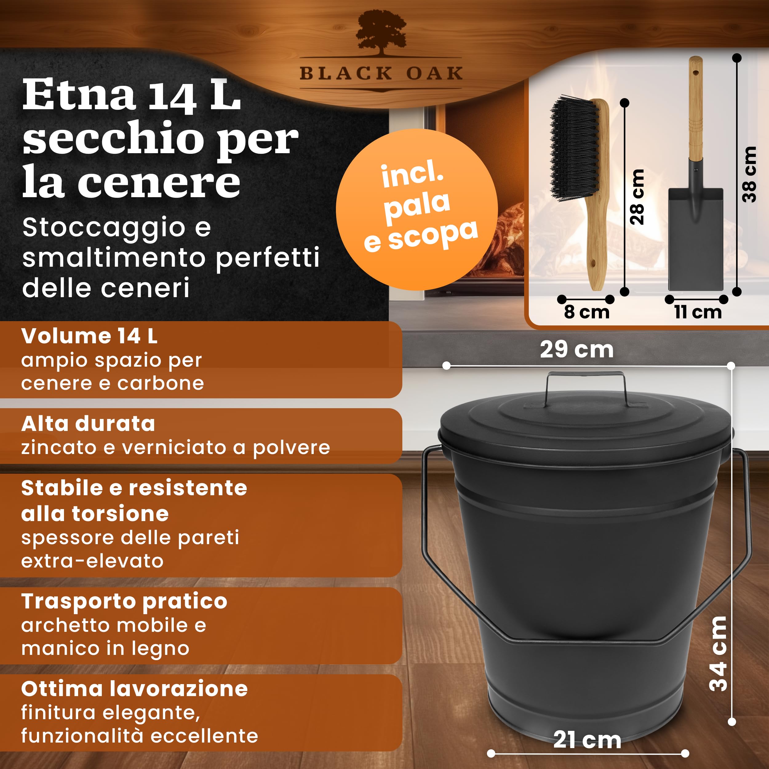 BLACK OAK Etna - Secchio per cenere, 14 l, set di paletta e scopa, colore nero, rotondo, con coperchio, grande, 14 litri, in acciaio zincato a prova di fuoco, verniciato a polvere, per cenere e