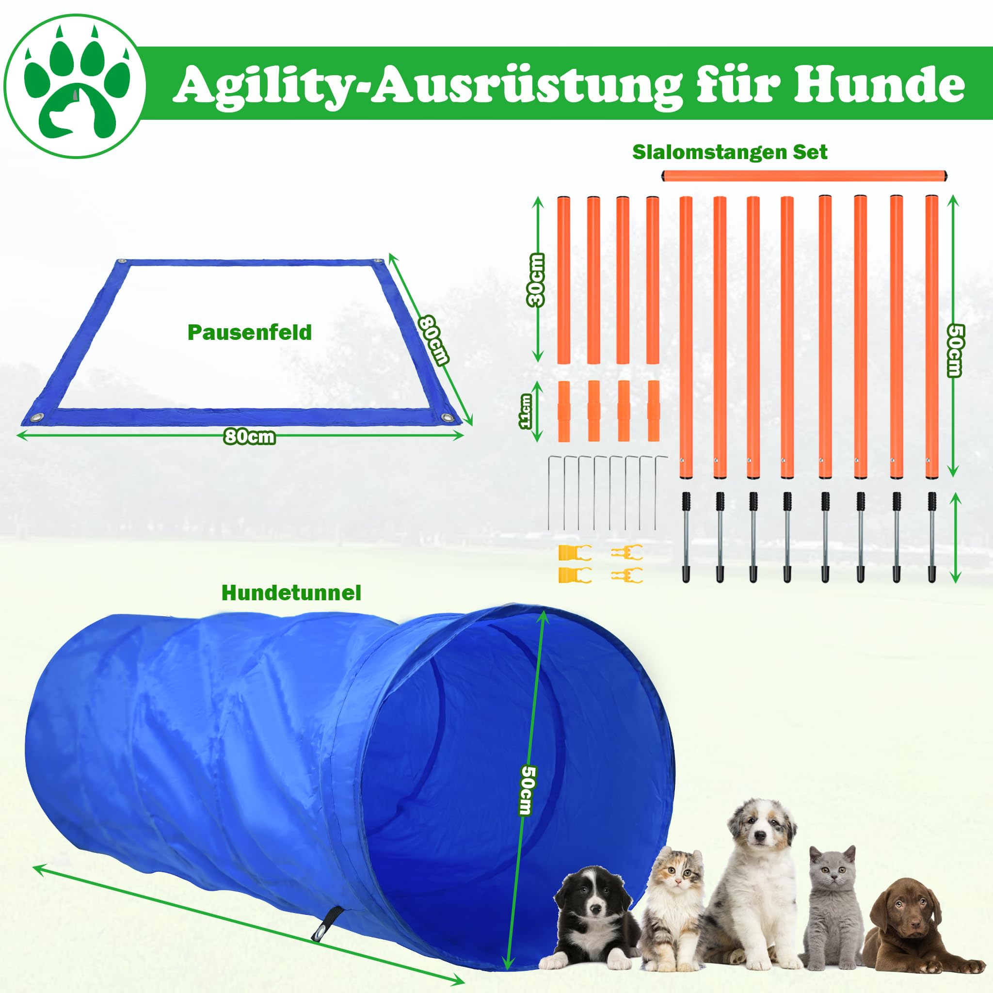 SUBTLETY Agility Ausrüstung für Hunde Groß Klein Hundetraining Spiele Agility Set mit Hundetunnel, Hürden, Slalomstangen, Springring, Pausenfeld und Tragetasche Hundeparcour Zubehör