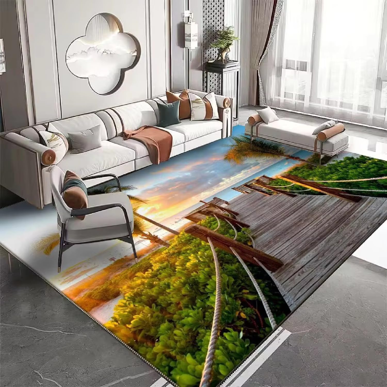 Tapis 3D Paysage Naturel Tapis Salon Illusion Optique Anti Glisse Moquette Imprimée Douce Forêt Pont Eau Décoration Intérieur Couloir Chambre Moderne Antidérapant (Couleur 6,160x230cm)