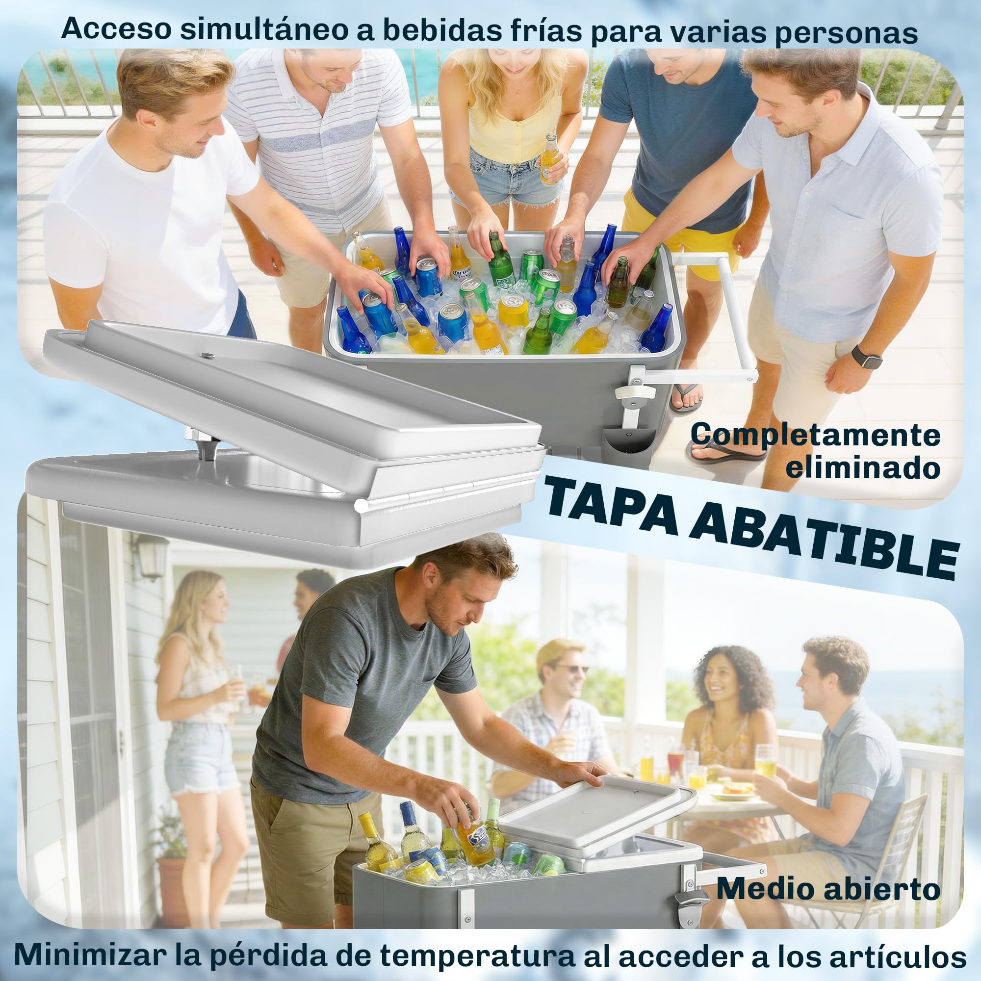 Outsunny Carrito Nevera de 56L con Ruedas, Carro de Bebidas con Estante, Abrebotellas, Recogetapas, Drenaje y Asa, Mesa Nevera Jardín Exterior para Patio, Fiesta, BBQ, 84x38x83 cm, Gris