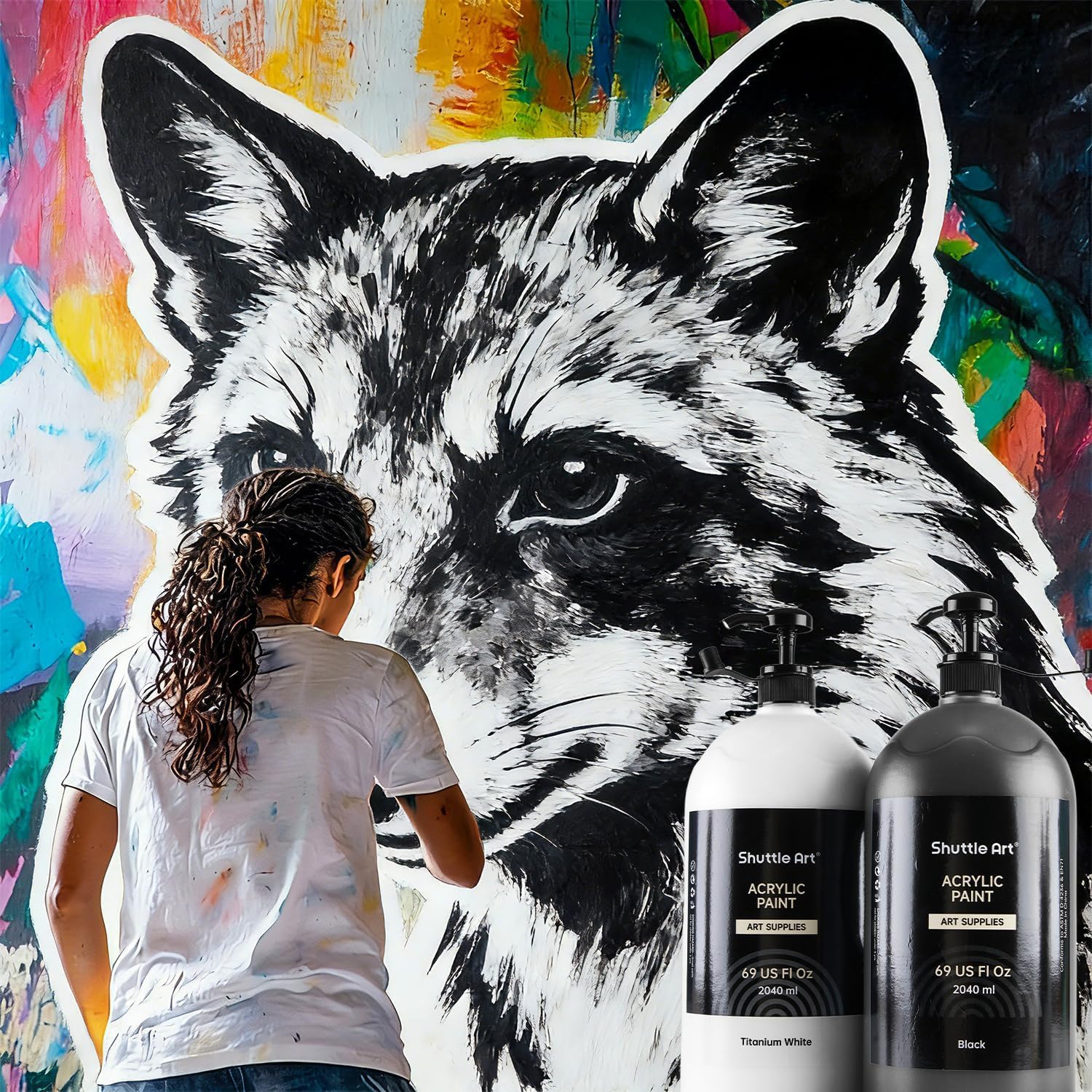 Shuttle Art Acrylfarbe Weiß und Schwarz 2×2040ml, schwarze & weiße Acrylfarben Set in Pumpflasche mit Deckel, wasserfeste Acryl Farben Set, Acrylic Paint für Künstler, Anfänger auf Leinwand, Holzfarbe