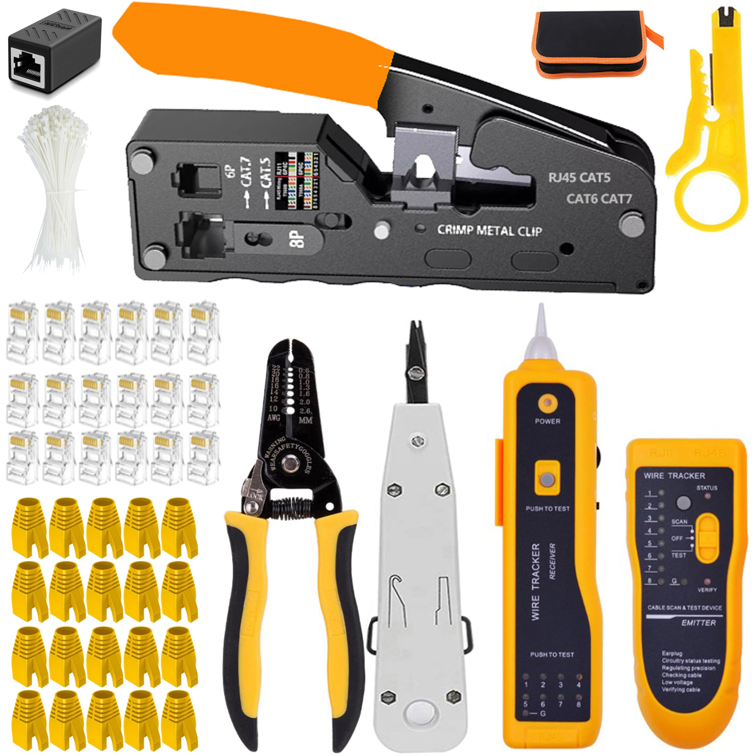 MAYLINE Appareil de test de câble réseau RJ11 RJ45 Cat5 Cat6 Outils de réparation Coupe-dénudeur, sertissage du connecteur coaxial, dénudage du câble Cat6e Jaune