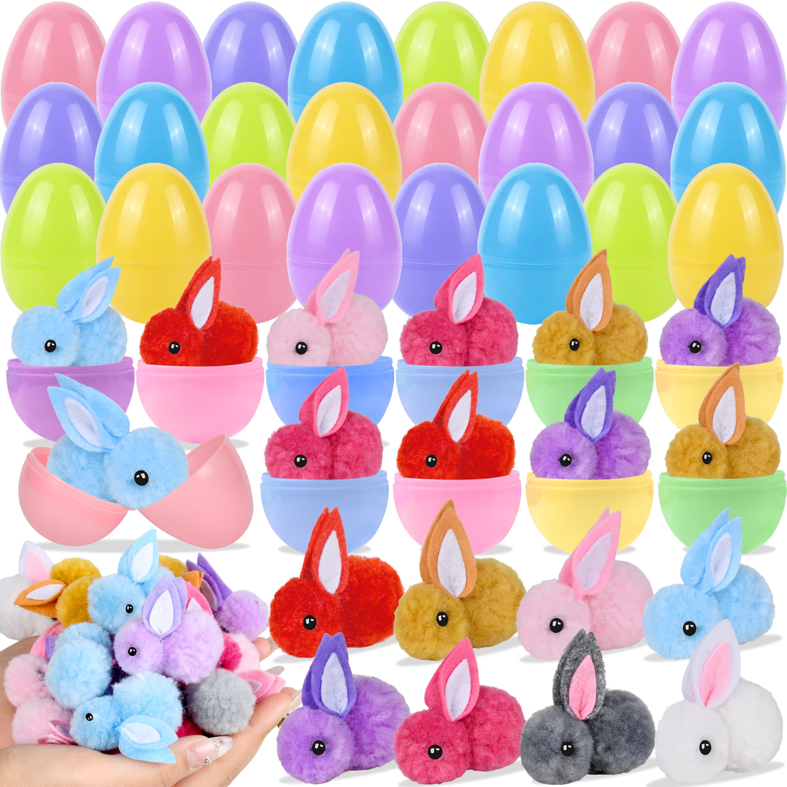 Hoplito 32 Pack Easter Eggs Fillers with Bunny Plush, Basket Stuffers with Toys Inside, Easter Mini Bunny Stuffed Animal Toy for Eggs Hunts Party