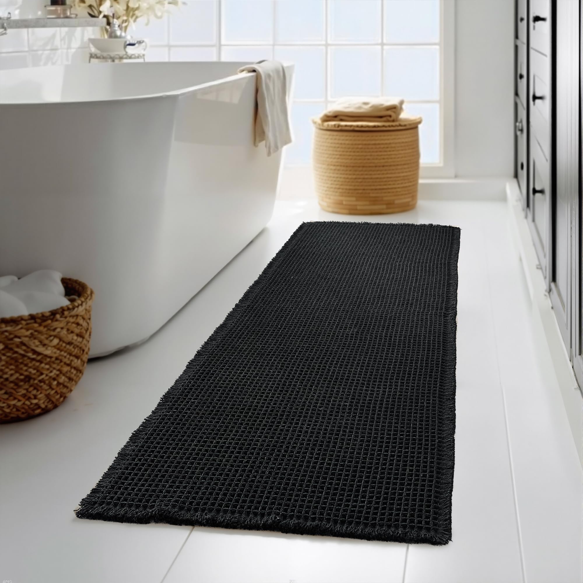 KGORGE Black Waffle Bath Mat Ultra Soft 60" x 24" for Bathroom