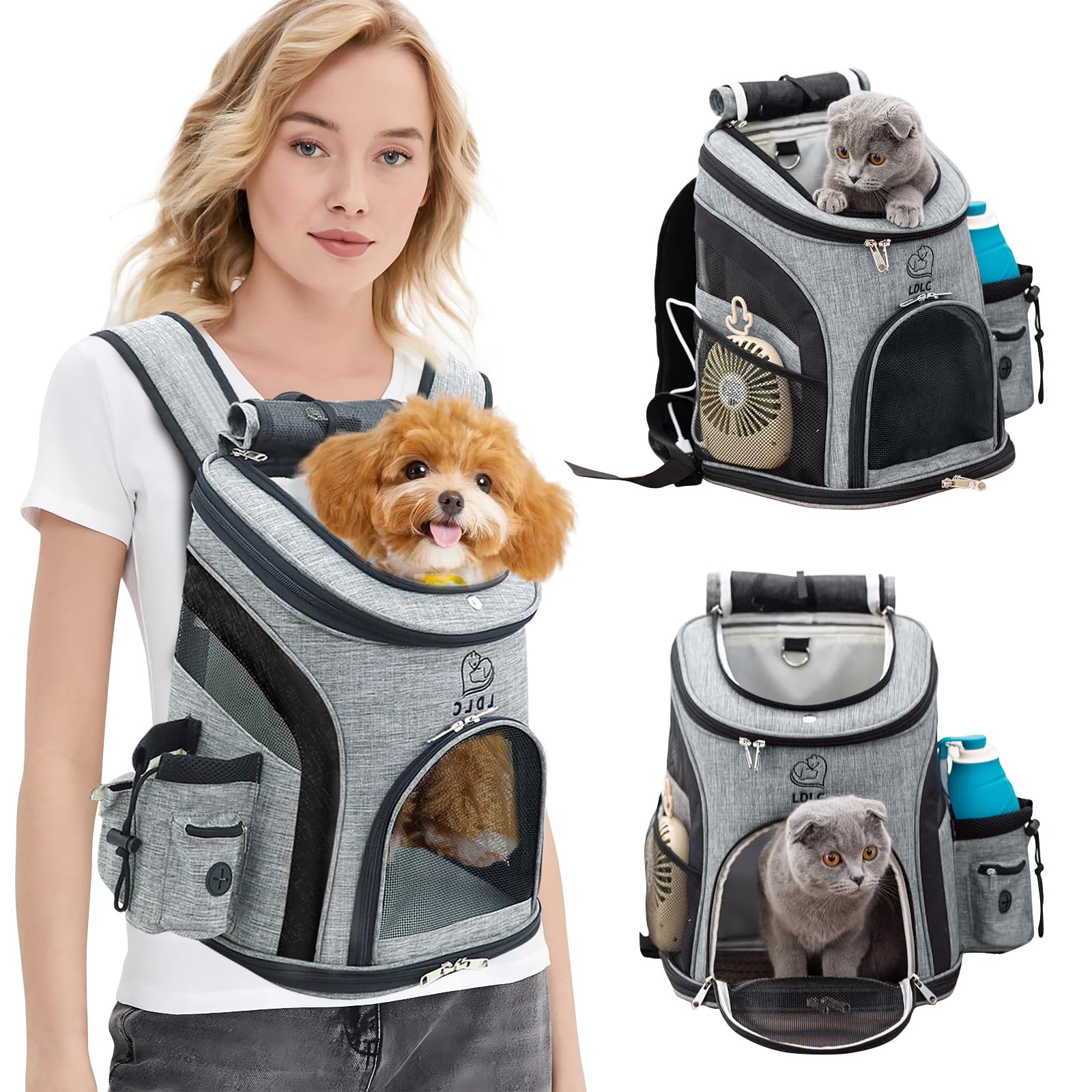 PETCUTE Zaino per Cani Traspirante,Borsa Trasportino Gatti con Cinturino di Sicurezza,Zaini Trasporto Cane Portatile con Tasche Laterali,Regolabile Zaino Gatto per Viaggio Campeggio