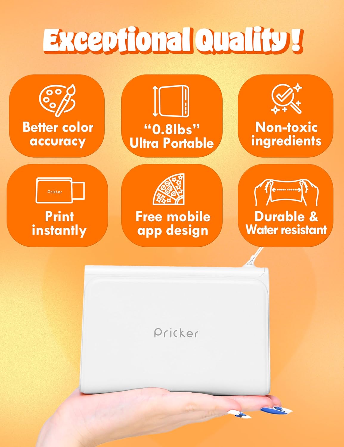 Pricker+ Photo Sticker Printer | 6PASS Multi Wireless Portable Printer for Phone | Mini Photo Printer w/ 10 Sheets + Label 10 Sheets | Customizable Color Sticker Printer 2.56 x 3.57 Inch (White)