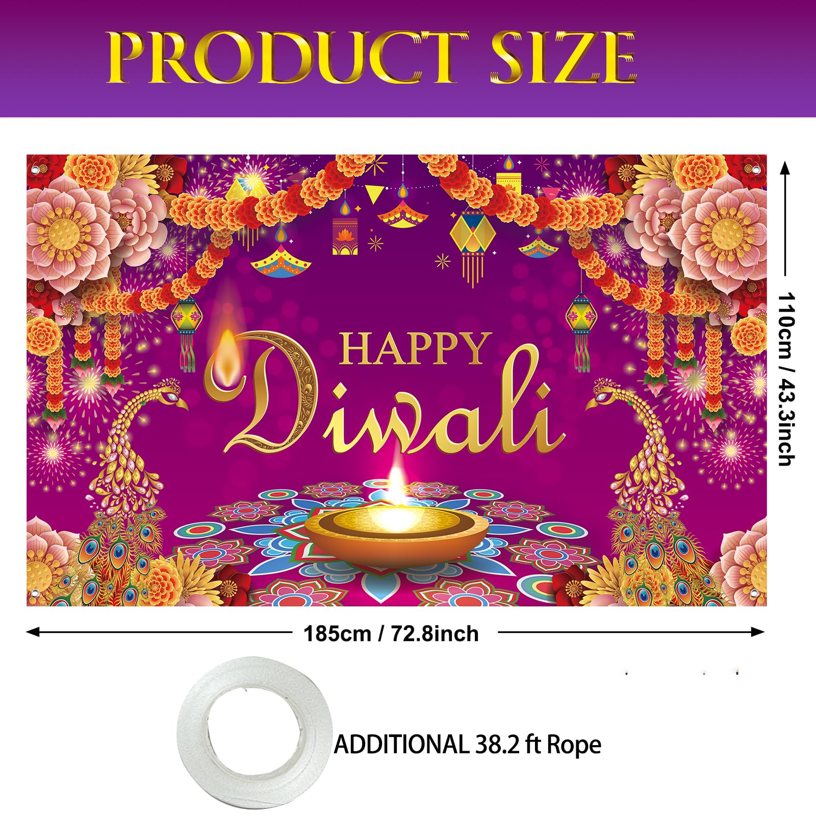 Diwali-Dekoration Wandbehang 109x178 Cm | Happy Diwali Hintergrund-Banner | Für Foto-Booth & Party-Deko | Aus Wetterfestem Polyester