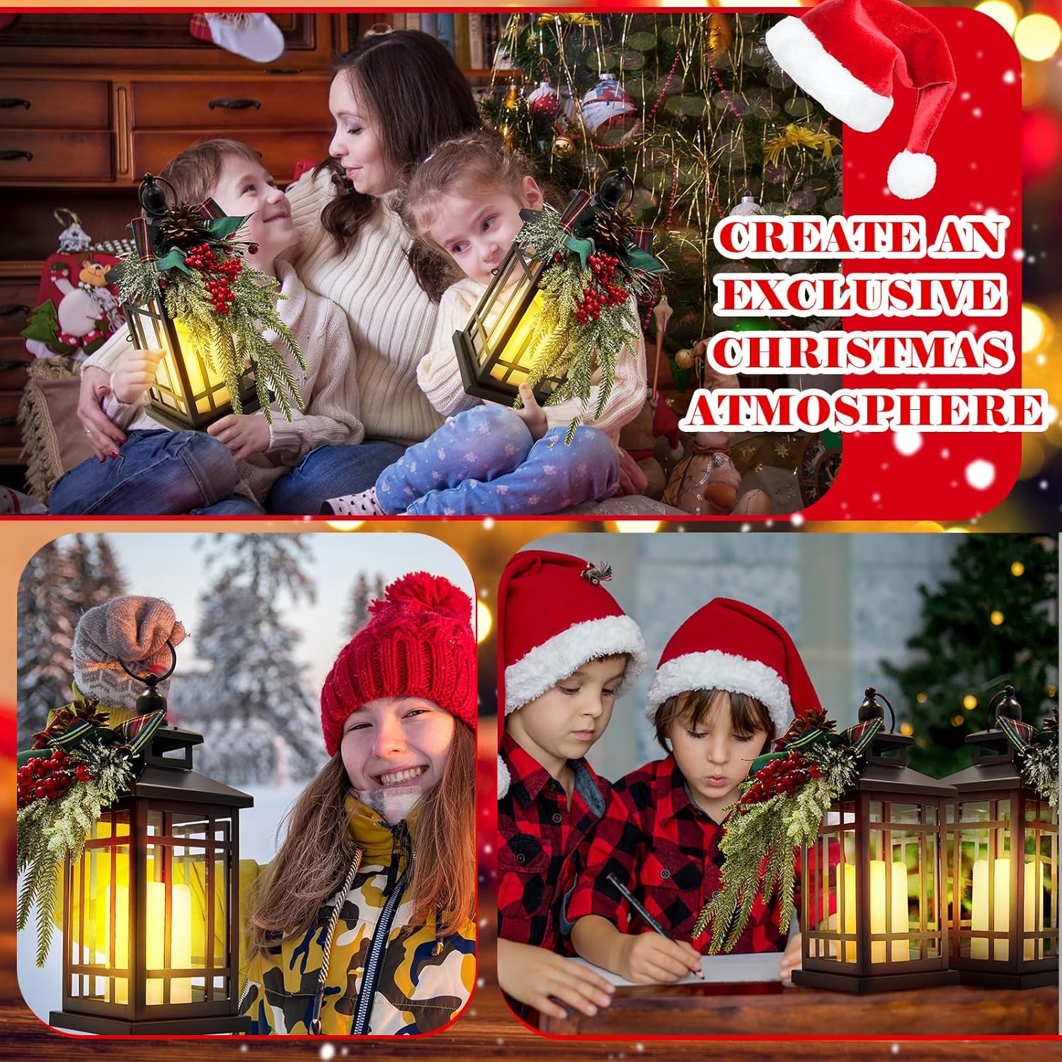 ROCEEI 3 Set Christmas Decorative Lantern Porch Decorations with LED Flickering Flameless Candle 14 Inch Vintage Hanging Lantern Xmas Centerpieces for Tables Indoor Outdoor Decor (Vintage Style)